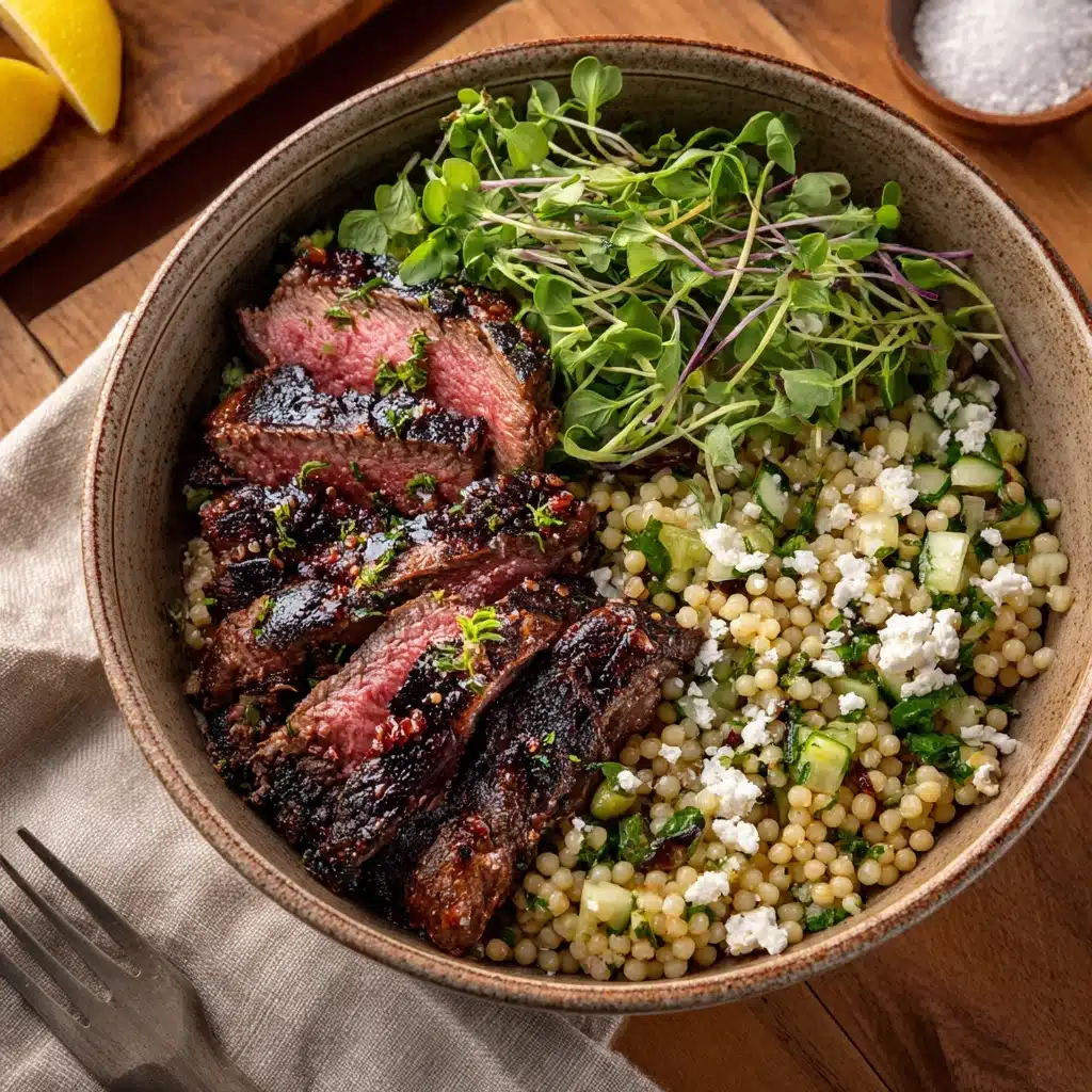 Grilled Skirt Steak with Lemon Herb Couscous Salad Recipe - Recipe Image
