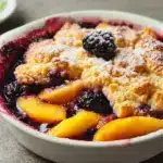 Pour the prepared fruit filling into a 9×13 inch baking dish or a similar sized oven-safe dish (a deep dish pie plate or 9-inch square baking dish will also work) Recipe