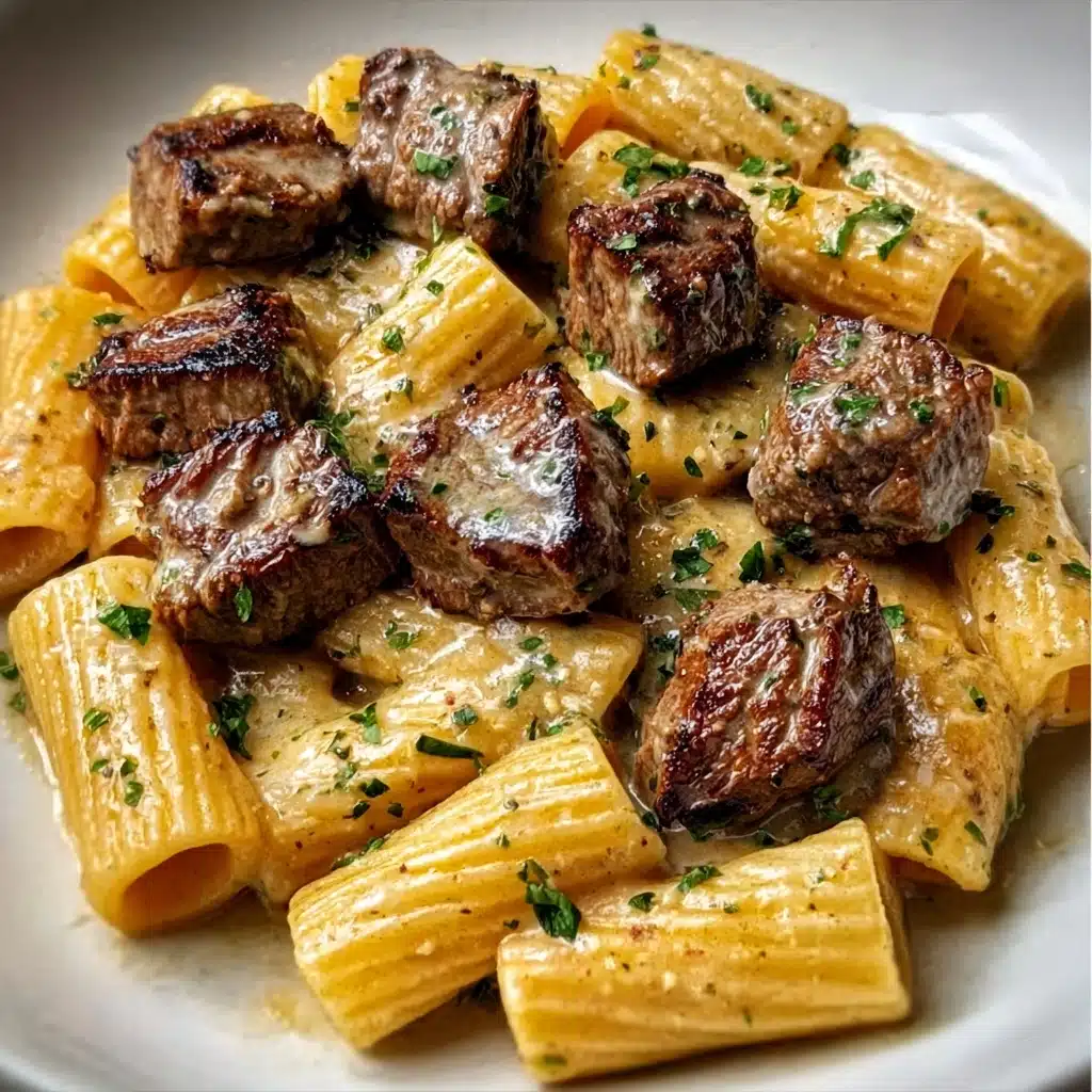 Cajun Steak Tips in Cheesy Rigatoni Parmesan Sauce Recipe - Recipe Image