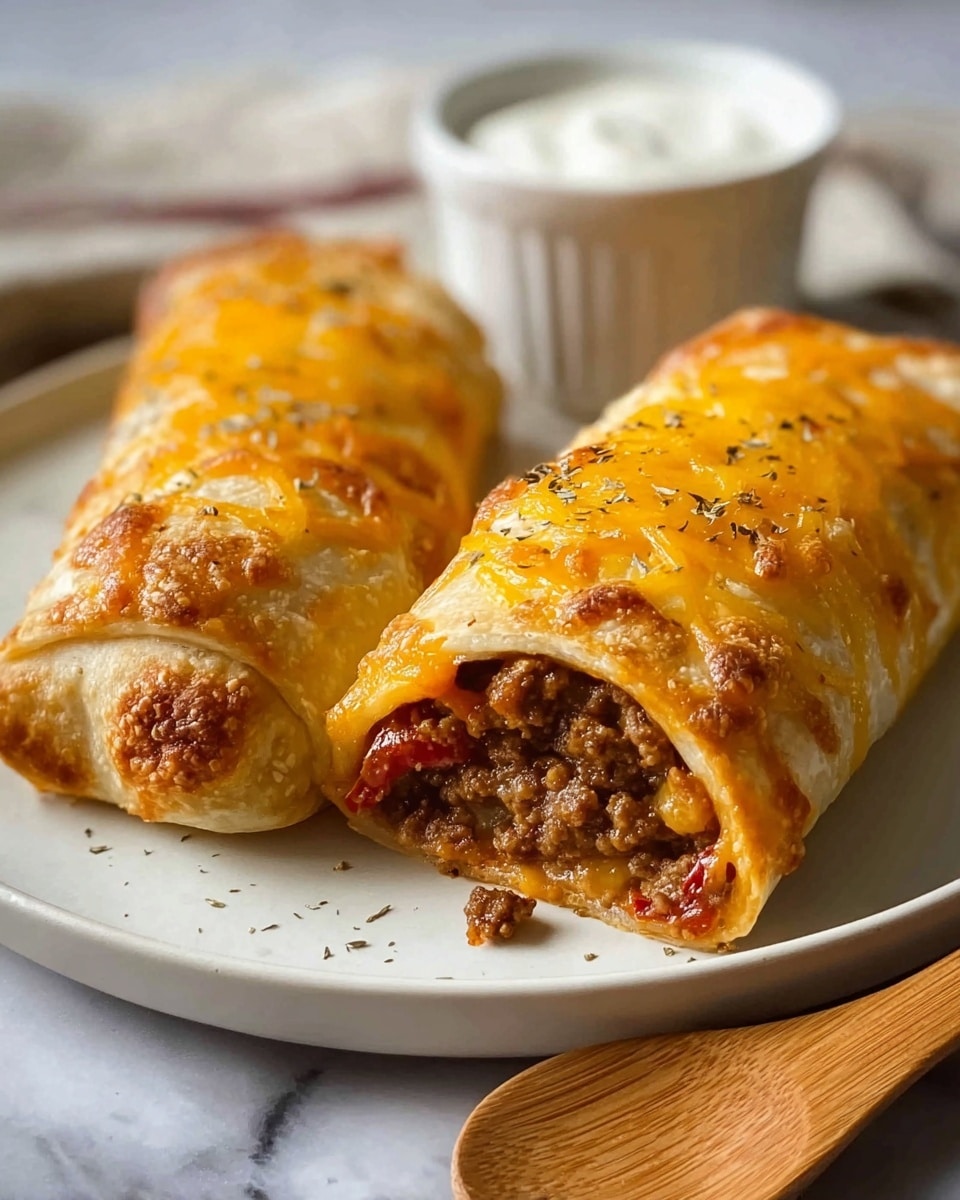 Two baked rolled pastries filled with ground meat are placed on a white plate with a wooden spoon resting beside them. The top layer is a golden brown baked dough, sprinkled with melted cheddar cheese strands and some dried herbs. One roll is cut open at the front, showing a rich, dark brown meat filling with bits of red pepper inside. In the background, a small white ramekin holds a creamy white sauce. The entire scene is set on a white marbled surface. photo taken with an iphone --ar 4:5 --v 7