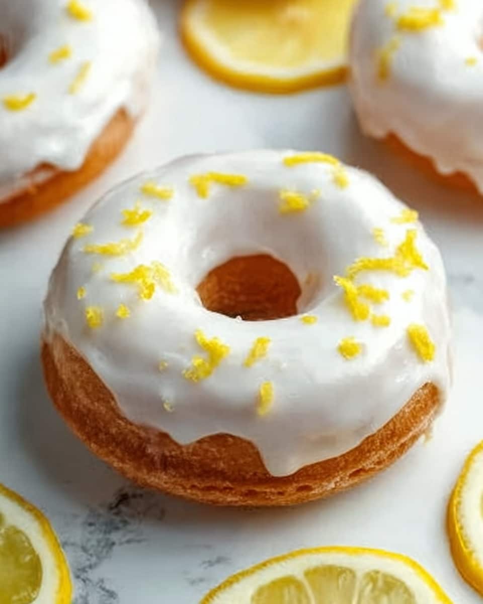 A close-up image of a single doughnut covered with smooth white icing and small bright yellow lemon zest pieces scattered on top. The doughnut has a golden-brown base visible beneath the white icing. It is placed on a white marbled surface with sliced lemon pieces around it, adding fresh yellow tones to the scene. The texture of the doughnut looks soft and slightly fluffy, with the icing appearing glossy and thick. Photo taken with an iphone --ar 4:5 --v 7