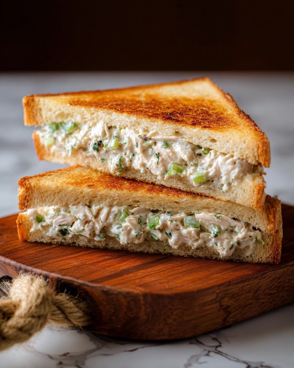 Two triangular toasted sandwiches stacked on a wooden board with a rope loop, each sandwich cut in half diagonally showing three layers: light golden-brown toasted bread on top and bottom with a slightly crispy texture, and a thick creamy filling in the middle that is white with visible small chunks of chicken and green herbs and celery, giving it a fresh, slightly textured look. The background has a white marbled texture. photo taken with an iphone --ar 4:5 --v 7