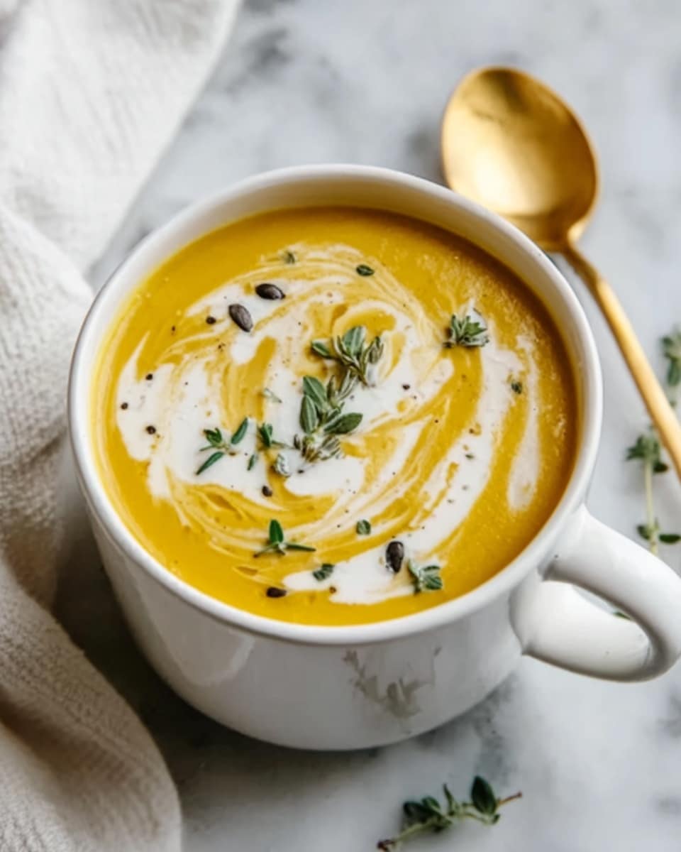 A white mug filled with smooth, golden-yellow soup topped with a swirl of white cream, small green herb sprigs, and a few scattered black seeds. The mug rests on a white marbled surface, and a gold spoon lies nearby. A soft white cloth is partially visible in the corner. The soup’s texture looks creamy and thick, and the herbs add a fresh touch. photo taken with an iphone --ar 4:5 --v 7