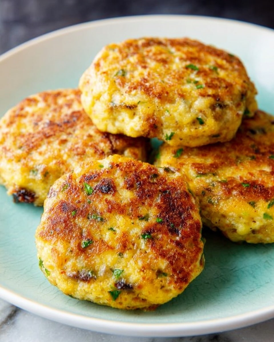 The image shows four golden-brown patties with a slightly crispy texture on the outside, placed close together on a white plate with a light turquoise tint. The patties have small specks of green herbs and darker bits that could be mushrooms or meat visible within the yellowish, cheesy surface. Each patty appears thick and round, with an uneven, homemade look. The white marbled surface under the plate adds a subtle, clean background to highlight the food. photo taken with an iphone --ar 4:5 --v 7