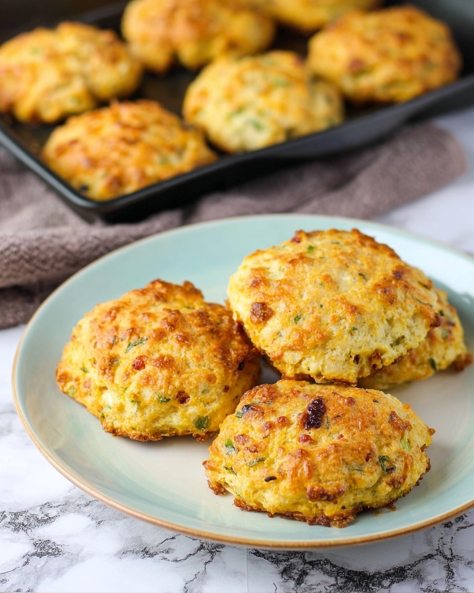 The image shows a group of four golden-brown biscuits with a slightly rough texture and bits of green herbs and small darker pieces, indicating ingredients mixed in. They are round and thick, placed on a white plate with a slight blue tint around the edge, set on a white marbled surface. Behind the plate, there is a black baking tray with more biscuits, all with a similar golden, crispy surface. The biscuits’ edges are uneven, suggesting a homemade style, and they have a shiny, slightly oily finish. Photo taken with an iphone --ar 4:5 --v 7