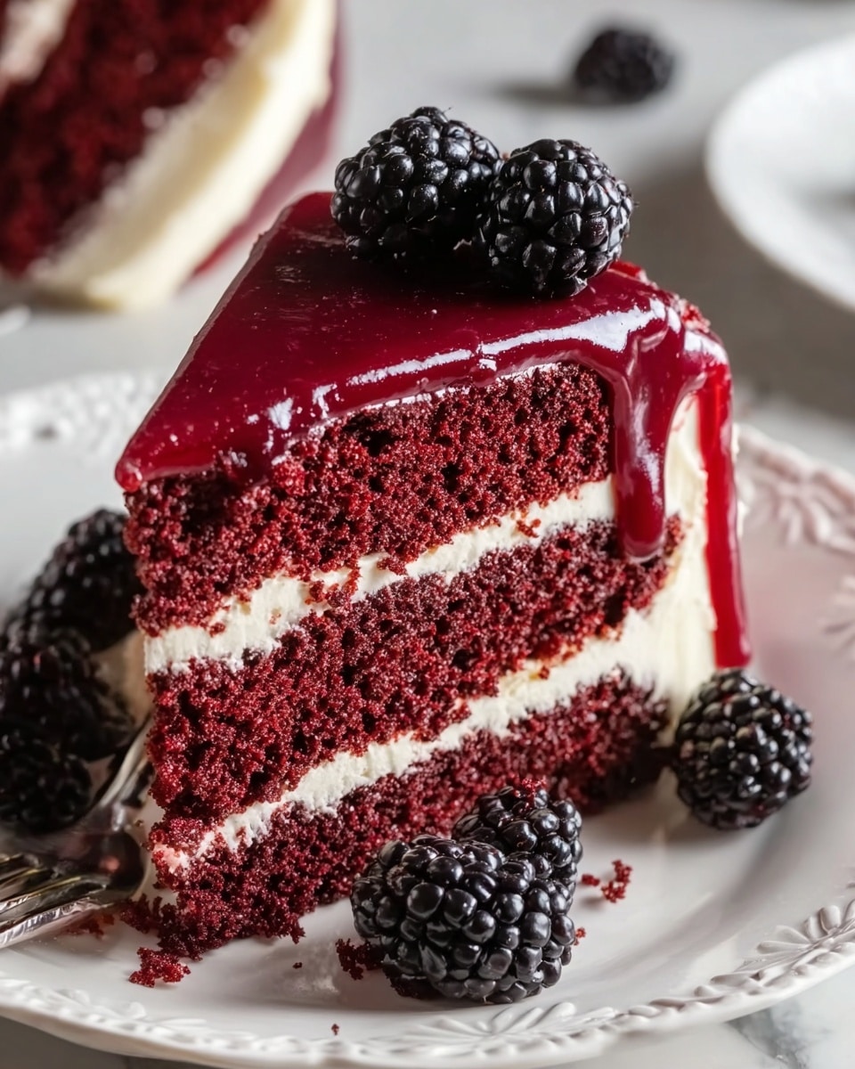 A slice of two-layer red velvet cake with a rich red-brown crumb and creamy white frosting between the layers and on top, covered with a shiny red glaze that drips slightly down the sides; the top is decorated with three glossy blackberries, and additional blackberries are placed around the slice on a white plate with delicate patterns, sitting on a white marbled surface. Photo taken with an iphone --ar 4:5 --v 7