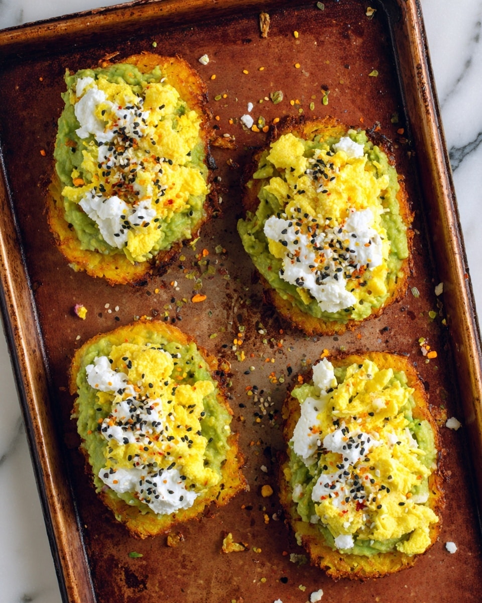 The image shows four oval-shaped crispy golden hash brown patties arranged on a brown baking tray with a slightly worn texture. Each patty has three visible layers: the bottom layer is the crunchy golden-brown hash brown, the middle layer is a creamy green guacamole spread evenly, and the top layer is fluffy yellow scrambled eggs with a dollop of white cottage cheese sprinkled generously with black, white, and orange seasoning flakes. Small bits of seasoning are scattered around the tray, adding a colorful touch. The background is a white marbled texture. photo taken with an iphone --ar 4:5 --v 7