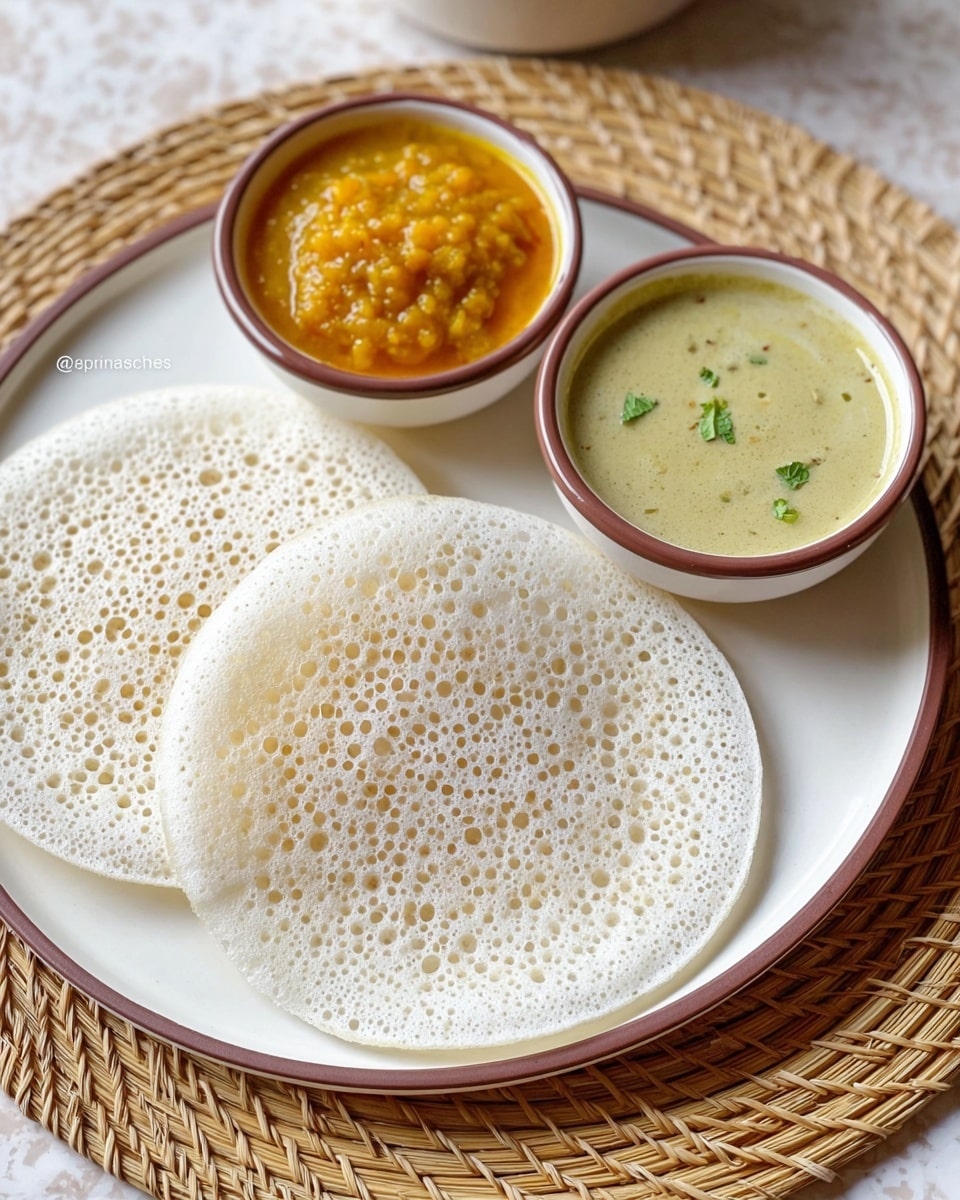 The image shows two round, thin appams with a porous, spongy white texture placed side by side on a white plate with a brown rim. Above the appams, there are two small white bowls with brown rims; the left bowl contains a chunky yellow-orange chutney, while the right bowl holds a smooth, light green chutney with small green herbs sprinkled in it. The plate is set on a braided, tan-colored mat, with a white marbled surface visible at the edges. photo taken with an iphone --ar 4:5 --v 7