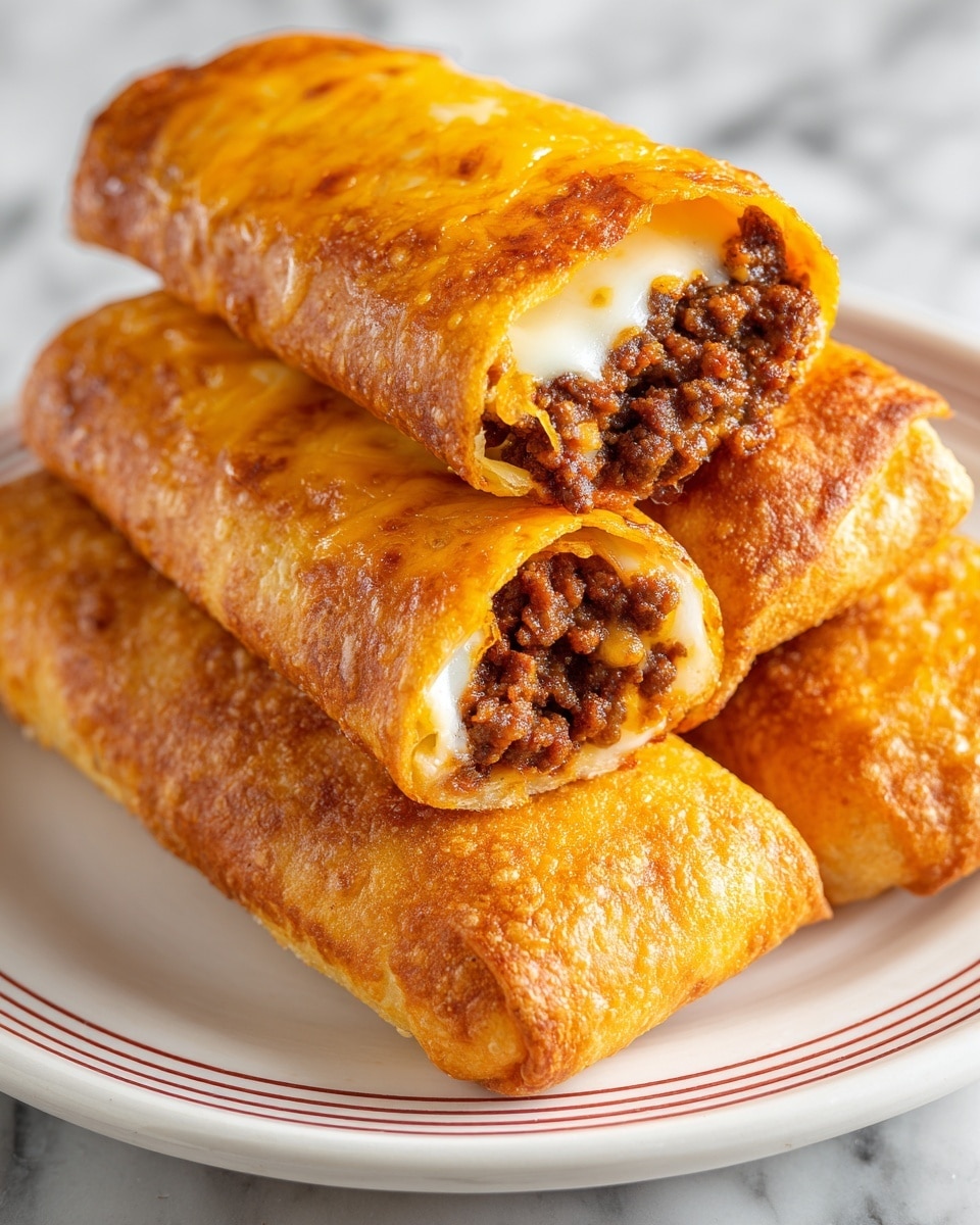 The image shows three golden-brown taco sticks stacked on a white plate with red and beige stripes along the edge, placed on a white marbled surface. Each taco stick has a crispy outer layer baked to a shiny light golden color with melted orange cheddar cheese on top. One taco stick is cut open, revealing three visible filling layers inside: a dark brown, crumbly cooked ground beef layer mixed with red bits, a middle white melted cheese layer that looks creamy, and more melted cheddar cheese blending with the crust on top. The texture of the bread is slightly fluffy with some air bubbles visible underneath the cheese topping. photo taken with an iphone --ar 4:5 --v 7