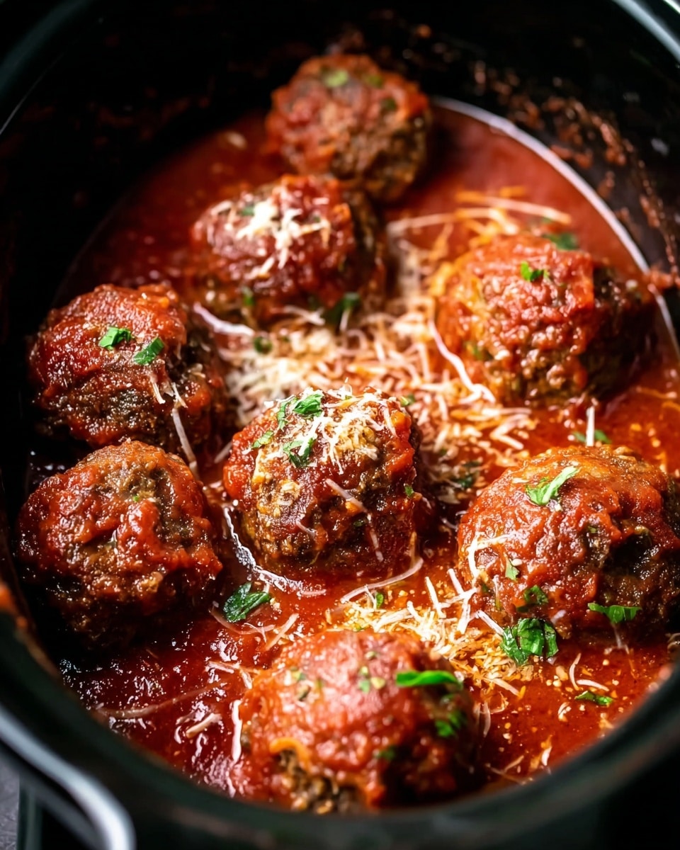 A close-up of several brown meatballs covered in thick red tomato sauce inside a black slow cooker. The meatballs have a coarse texture and are sprinkled with shredded white cheese and small green herb pieces. The sauce is rich and chunky, pooling around and partly coating the meatballs, creating a glossy look. The slow cooker’s interior is visible, showing some sauce splashes along the sides. The image has a warm and hearty feel. Photo taken with an iphone --ar 4:5 --v 7
