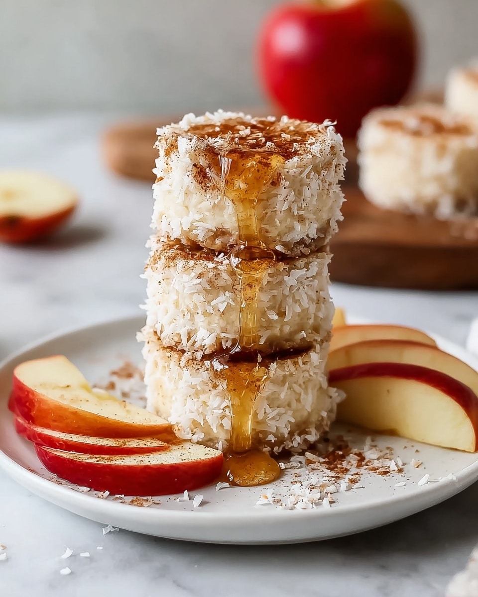 The image shows three round, creamy beige mini cheesecakes stacked vertically on a white plate, each cake coated with white coconut flakes on the outside and sprinkled with light brown cinnamon powder. A golden honey drizzle flows down from the top cheesecake over the sides, creating a glossy shine. Around the base of the stack are thin, smooth slices of red and yellow apple placed in a fan shape. The plate sits on a white marbled surface with soft natural light, and a blurred red apple with a brown wooden board is in the background. photo taken with an iphone --ar 4:5 --v 7