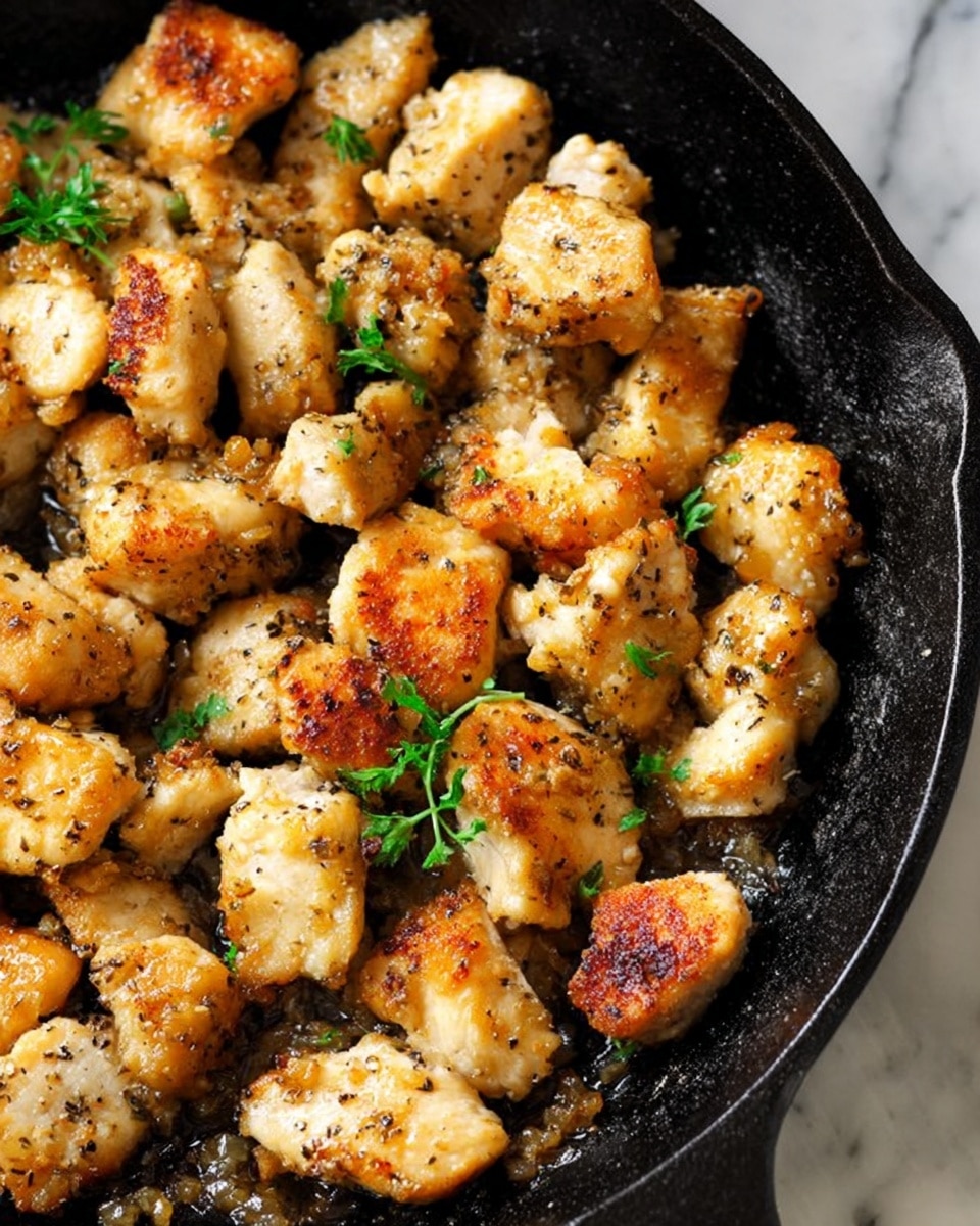 The image shows a close-up of golden brown chicken pieces with a slightly crispy texture on the edges, cooked in a black cast iron skillet. The chicken chunks are seasoned with black pepper and small green parsley leaves are scattered on top for garnish. The skillet surface has some caramelized bits adding to the rustic look. The skillet is placed on a white marbled surface, emphasizing the warm and juicy color of the chicken. photo taken with an iphone --ar 4:5 --v 7