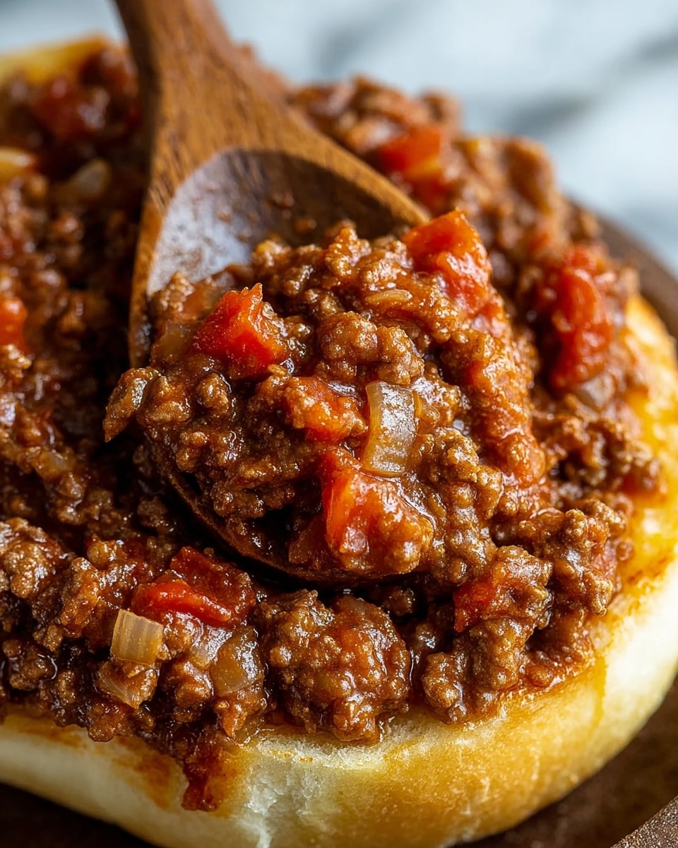 A close-up view of a sloppy joe sandwich shows one layer of soft, slightly shiny light brown bun on top, partially covering the main layer of rich, dark brown cooked ground meat laced with small chunks of red bell pepper and translucent onion, all coated in a glossy, thick sauce. The texture of the meat is chunky and moist, filling the sandwich fully. The background is a white marbled texture. photo taken with an iphone --ar 4:5 --v 7