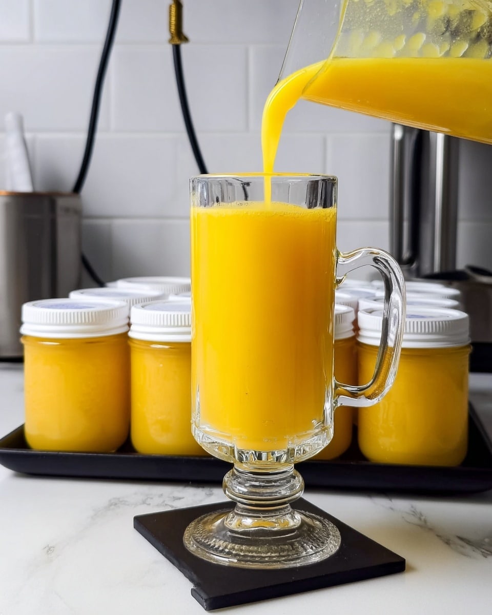 A tall clear glass mug with a handle is being filled with a bright yellow liquid, showing smooth texture inside the glass. The glass sits on a black serving tray that holds several small clear jars filled with the same yellow liquid, each jar topped with a white lid. In the background, a white marbled surface and white tiled wall can be seen, along with some kitchen items and black cords. The scene highlights freshness and a clean kitchen setting. photo taken with an iphone --ar 4:5 --v 7