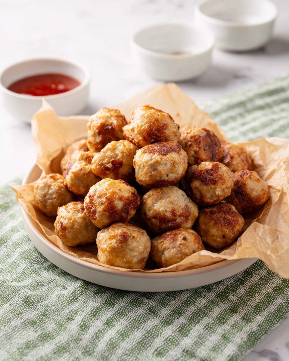 A white plate lined with crumpled brown parchment paper holds a large pile of golden brown, baked meatballs with a slightly crispy texture on top. The meatballs are round and vary slightly in size, showing a mix of light and darker brown spots from baking. Behind the plate, there is a small white bowl filled with a red dipping sauce, and two more white bowls are blurred in the background. The plate sits on a soft green and white checkered cloth, all set on a white marbled surface. photo taken with an iphone --ar 4:5 --v 7
