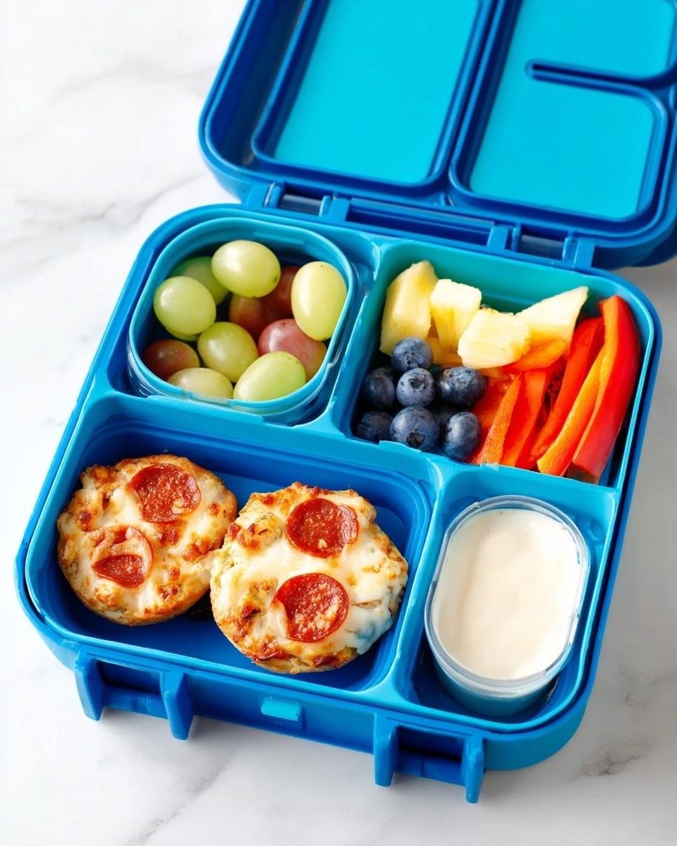 A blue lunchbox with four compartments sits on a white marbled surface. The largest section holds two small round pizza muffins with melted golden-brown cheese and pepperoni on top. Adjacent to that, a compartment contains a mix of fresh fruit pieces, including light green grapes, dark blue blueberries, and chunks of yellow pineapple. Another section is filled with thin strips of red and yellow bell peppers. The smallest compartment holds a creamy white dipping sauce. The lunchbox lid is open, showing clean blue interiors. photo taken with an iphone --ar 4:5 --v 7