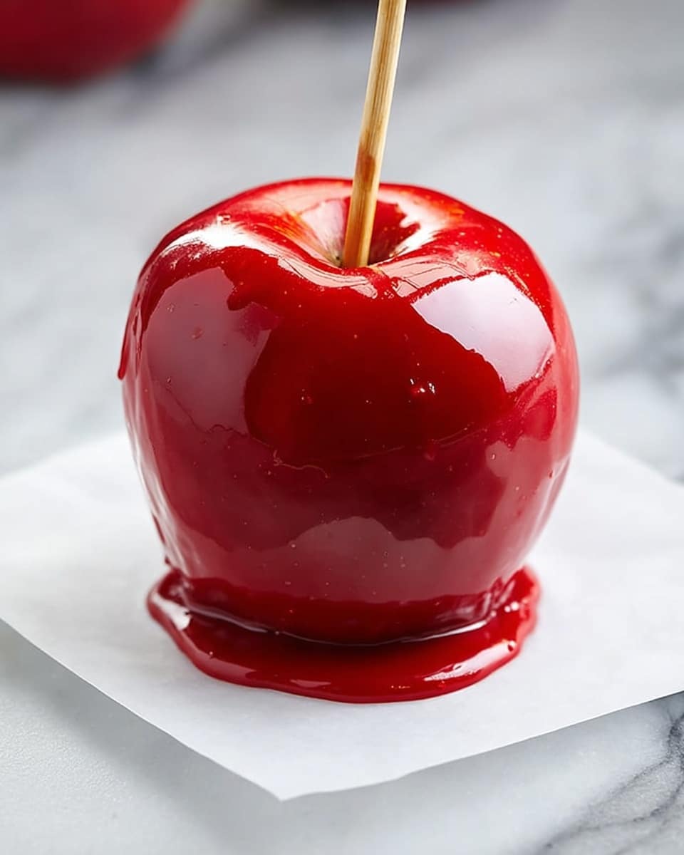 The image shows five shiny red candy apples on a round white plate set on a white marbled surface. Each apple is fully coated with a smooth, glossy red candy layer and has a wooden stick inserted at the top for holding. The candy coating reflects light, showing a glass-like texture over the apple’s natural round shape. The apples are evenly spaced in a loose circle, with one apple in the center and the other four around it. Photo taken with an iphone --ar 4:5 --v 7