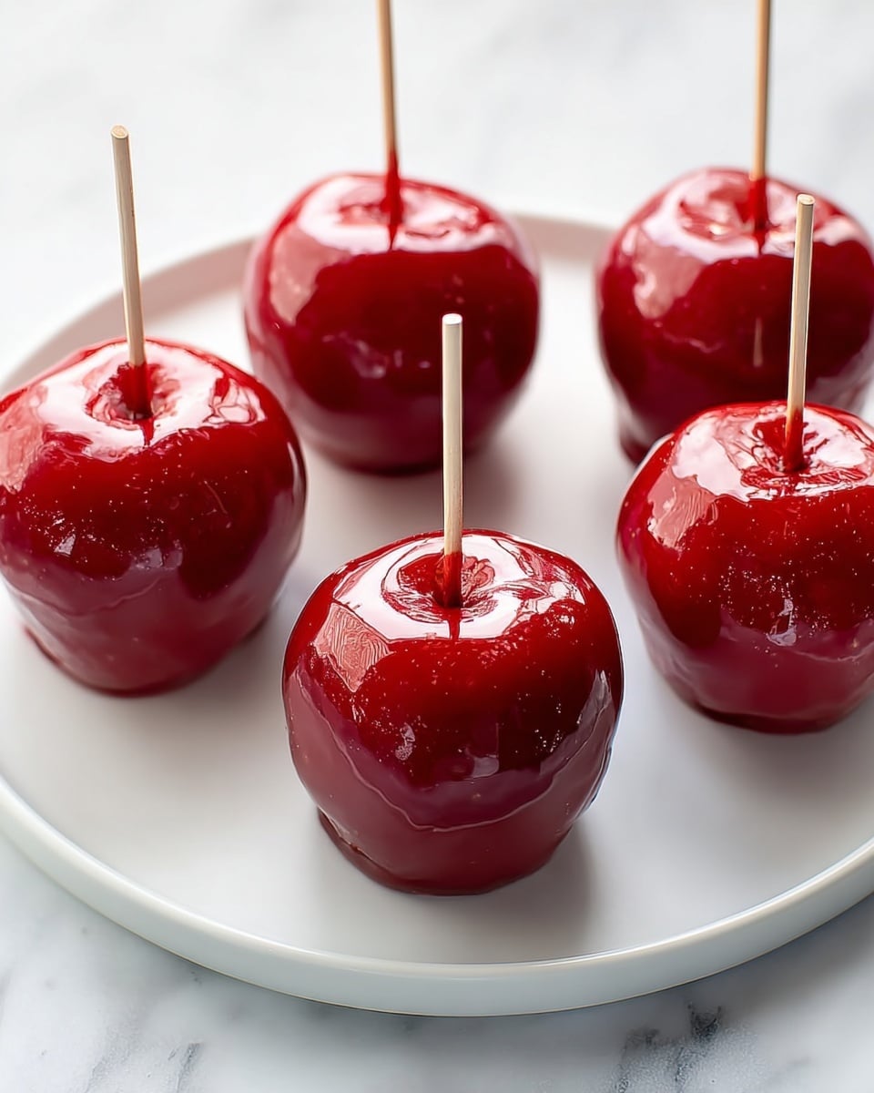 A bright red candy apple with a smooth and shiny coating sits on a piece of white parchment paper, resting on a white marbled surface. The apple is whole, with the candy layer thick and even, dripping slightly at the base forming a glossy red puddle. A wooden stick is inserted into the apple's top, standing upright, and the apple's small brown stem is visible through the candy. The focus is on the front of the apple, showing the glossy texture and reflections on the candy coating. Photo taken with an iphone --ar 4:5 --v 7