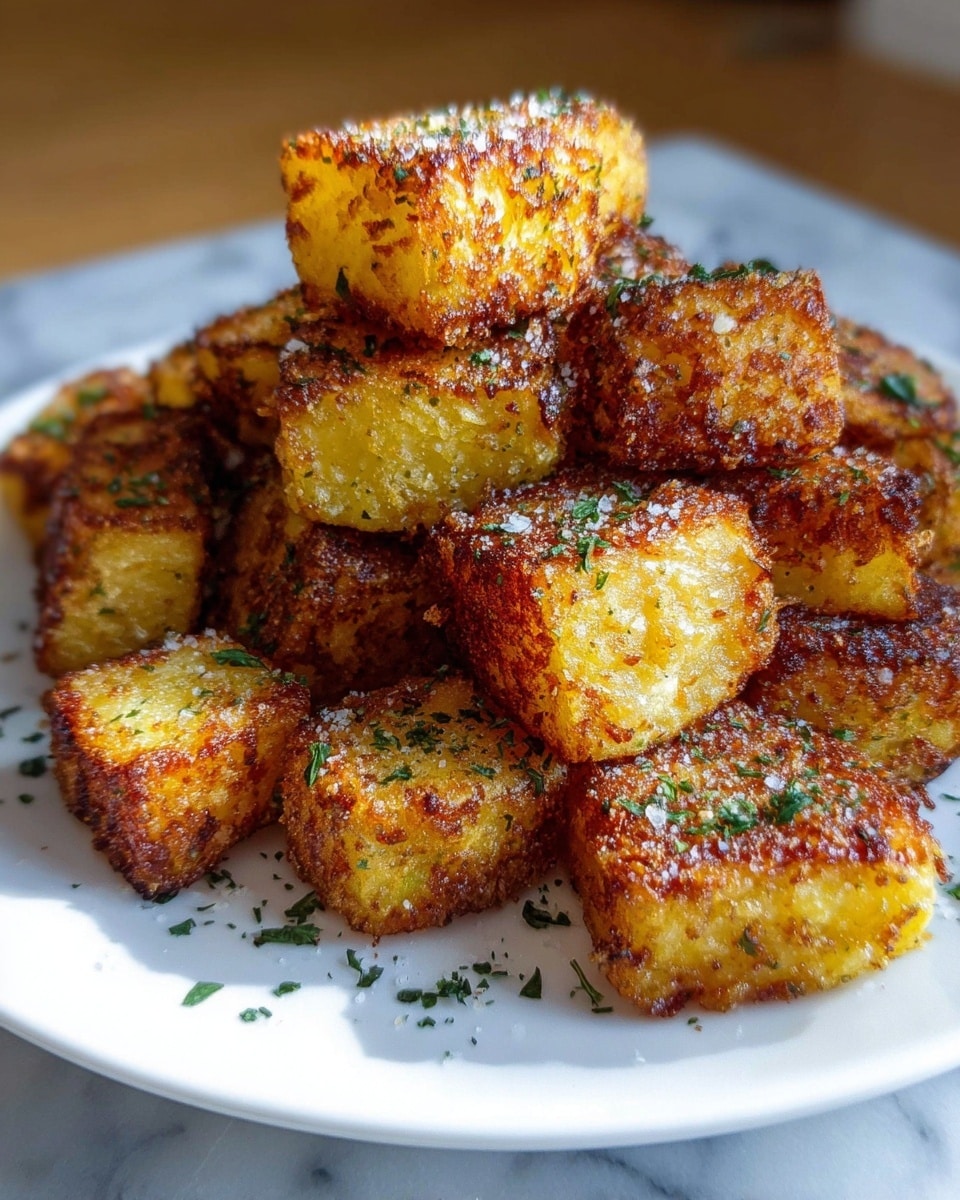A white plate holds a pile of crispy golden-brown fried potato cubes, each piece having a coarse, crunchy outer layer with visible browned edges. The cubes have a light sprinkle of green herbs and coarse salt on the top, adding texture and color contrast to the warm, yellow inside visible through the crispy crust. The potatoes are arranged in a scattered stack, showing different angles of the crispy surface and soft interior. The photo is taken on a white marbled surface with soft natural light highlighting the crunchiness of the potatoes. photo taken with an iphone --ar 4:5 --v 7