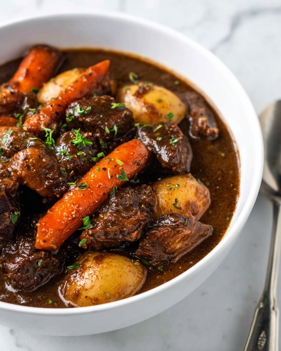 A white bowl filled with a rich brown stew containing chunky layers of dark brown beef pieces scattered throughout, thick slices of bright orange carrots, and small golden-brown potatoes. The stew liquid is thick and dark, partially covering the ingredients, with a slight shine and sprinkle of green herbs on top for garnish. The bowl sits on a white marbled surface and a silver spoon is partially visible beside it. photo taken with an iphone --ar 4:5 --v 7