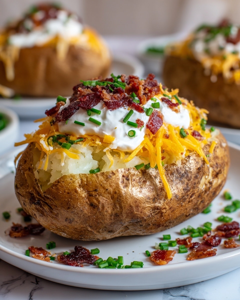 A baked potato with a golden, crispy skin sits on a white plate with a white marbled surface underneath. The potato is split open, revealing soft, fluffy white potato inside. On top, there is a layer of melted shredded orange cheddar cheese, a thick dollop of white sour cream, crispy dark red bacon bits, and bright green chopped chives scattered over. Some chives also rest on the plate around the potato. The background shows another similar baked potato blurred in the distance. photo taken with an iphone --ar 4:5 --v 7