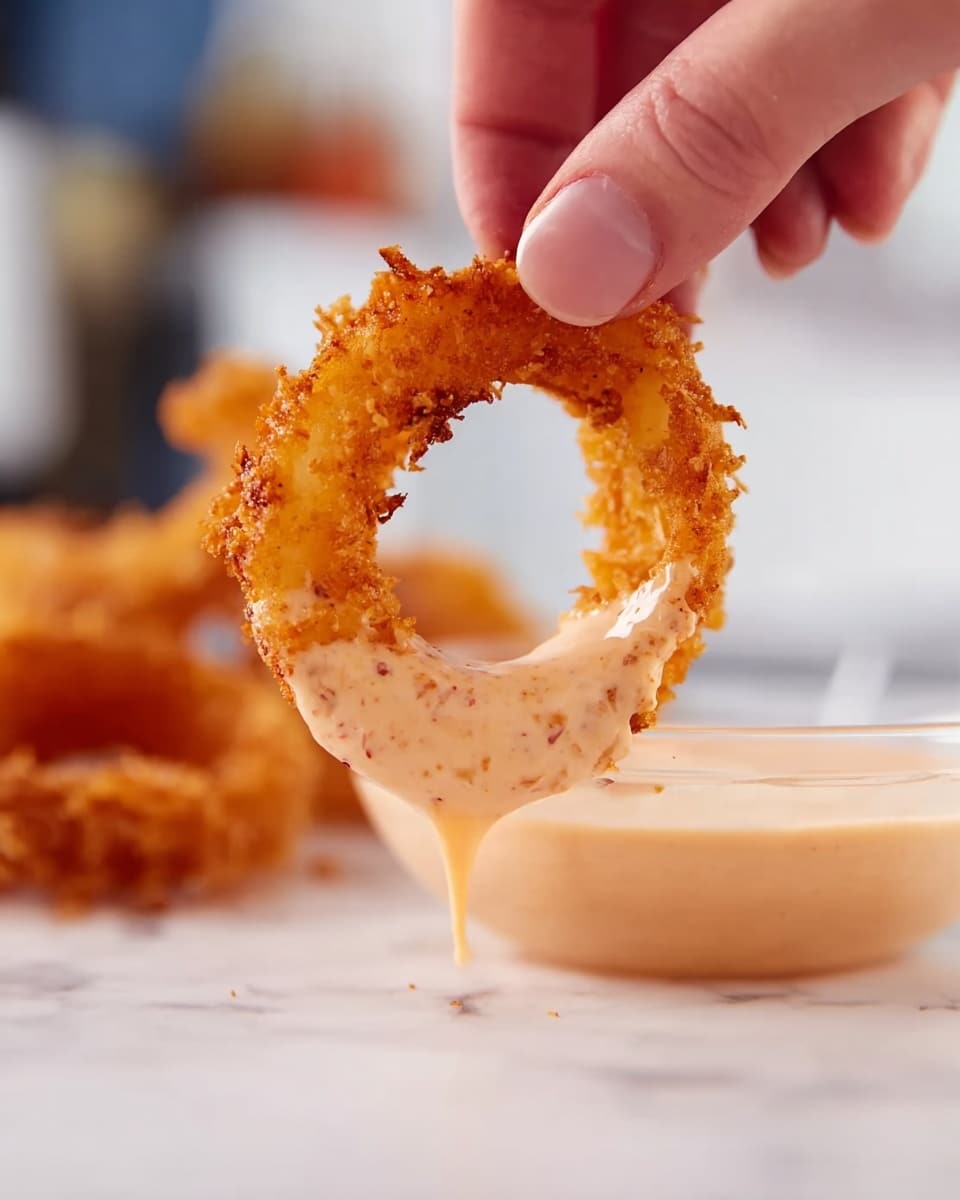 A close-up image shows a crispy golden-brown onion ring being held by a woman's hand, half dipped into a thick, creamy sauce that is light orange with small red specks. The onion ring's crunchy texture contrasts with the smooth sauce dripping slightly from the bottom. The background is softly blurred with hints of kitchen elements, all set on a white marbled surface. Photo taken with an iphone --ar 4:5 --v 7