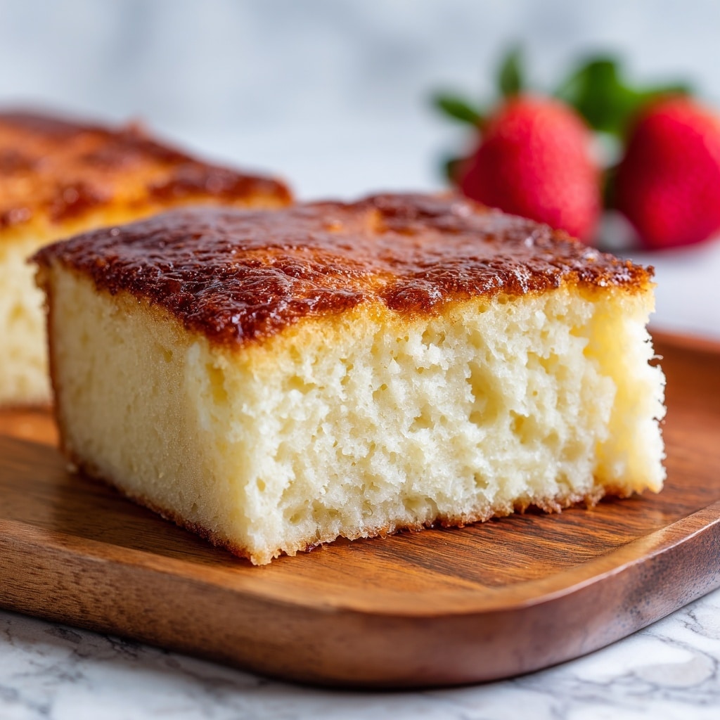 A close-up of a square slice of yogurt cake with one visible layer, showing a dense, light cream-colored inside and a golden brown, slightly shiny top crust. The cake slice sits on a wooden board with its texture appearing soft and moist. In the background, there are two bright red strawberries with green leaves, slightly blurred. The scene is set against a white marbled textured surface. Photo taken with an iphone --ar 4:5 --v 7
