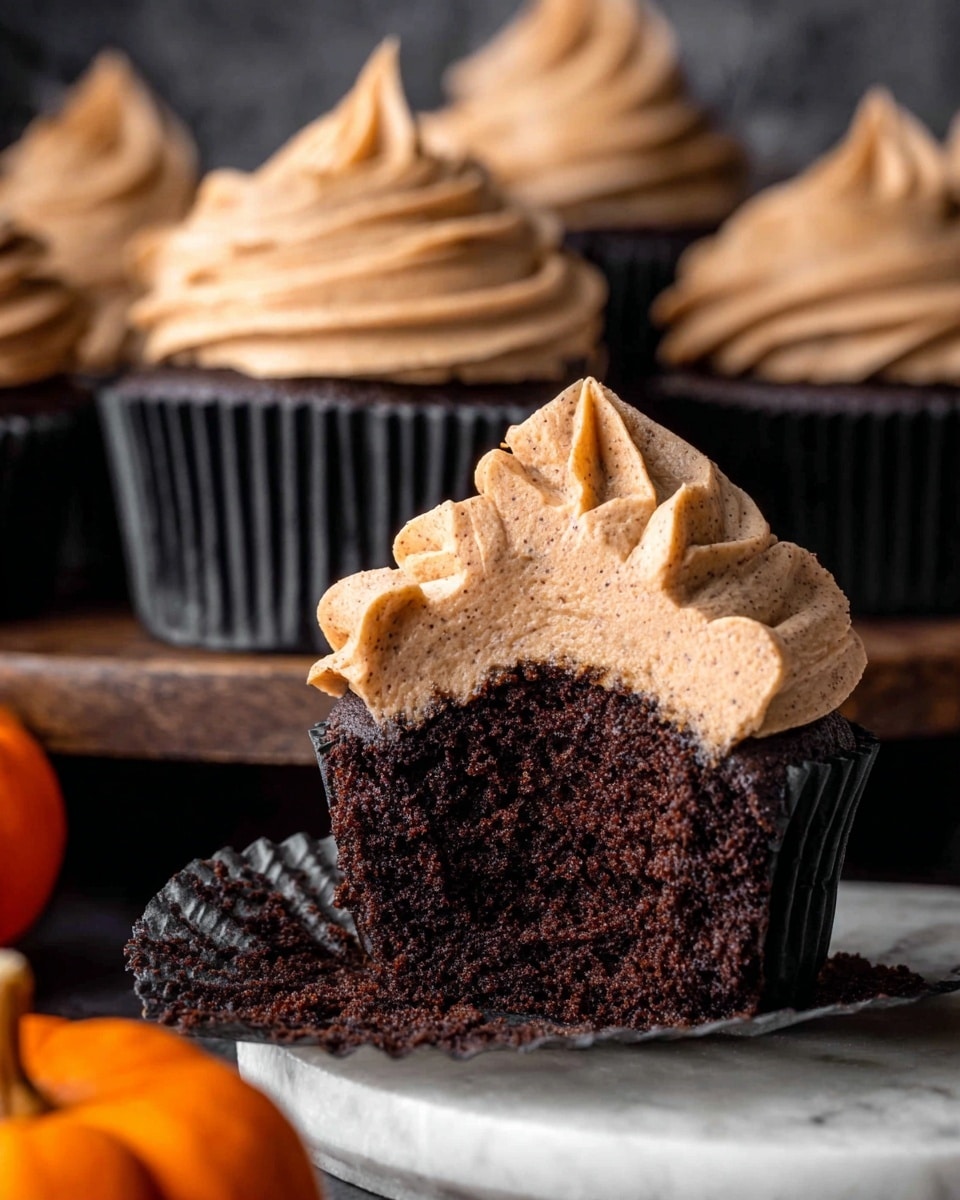 A close-up of a dark chocolate cupcake with rich, moist texture sitting in a black cupcake liner. It is topped with a thick, creamy swirl of light brown frosting with visible specks and soft peaks. Part of the cupcake is bitten, showing the dense cake inside. In the background, more whole cupcakes with the same frosting are slightly out of focus, resting on a white marbled textured surface. Small orange pumpkins can be seen blurred at the bottom left corner. photo taken with an iphone --ar 4:5 --v 7