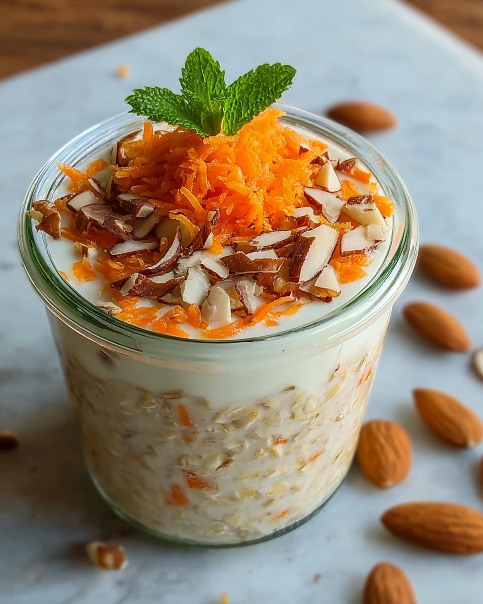The image shows a small clear glass jar filled with creamy oatmeal mixed with visible orange carrot bits throughout. The top layer is creamy oatmeal, covered with a thin sprinkle of oats, bright orange shredded carrot pieces, and a generous handful of chopped nuts including pecans and almonds scattered over the surface. The jar is placed on a white marbled texture table, and a silver spoon rests beside it. In the background, another similar jar with the same oat mixture is slightly out of focus. The photo taken with an iphone --ar 4:5 --v 7