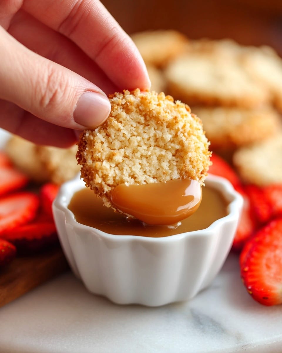 A close-up image shows a woman's hand holding a round crumbly biscuit with a rough textured top. The biscuit's bottom edge is dipped into light brown caramel sauce in a small white dish with scalloped edges. In the blurred background, there are sliced red strawberries and more biscuits. The whole scene is set on a white marbled surface with soft natural lighting. Photo taken with an iphone --ar 4:5 --v 7