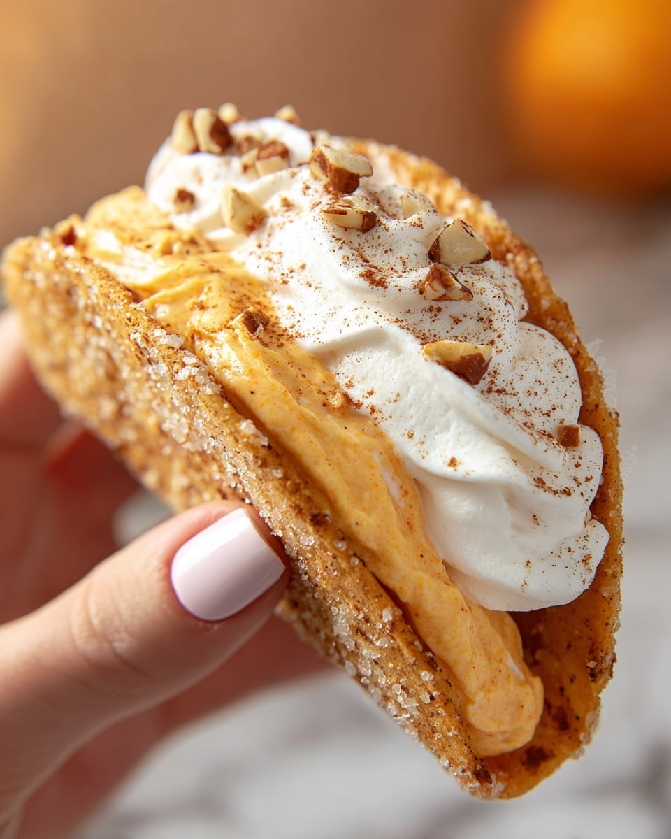The image shows a close-up of a dessert taco held by a woman's hand with long, pale nails. The taco shell is golden brown with a slightly rough texture and sugar crystals shining on its surface. Inside the shell, there are two visible layers: the bottom layer is smooth, orange, creamy filling with visible tiny brown specks, and the top layer is white whipped cream sprinkled with small chopped nuts and a light dusting of cinnamon or cocoa powder. The background is a soft blur with warm tones, while the overall scene is set on a white marbled texture. Photo taken with an iphone --ar 4:5 --v 7