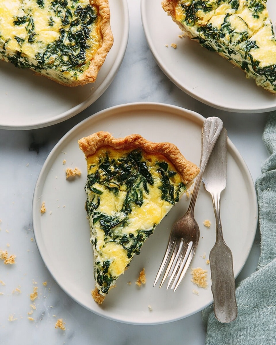 Three slices of spinach quiche are shown on white plates with a silver fork on two of the plates. Each slice has one visible layer of golden, flaky crust on the edge, a thick light yellow egg filling mixed with dark green spinach pieces throughout the top and middle layers. The texture of the egg layer looks soft and slightly uneven with melted cheese visible. The plates rest on a white marbled surface with some crumbs scattered around. Photo taken with an iphone --ar 4:5 --v 7