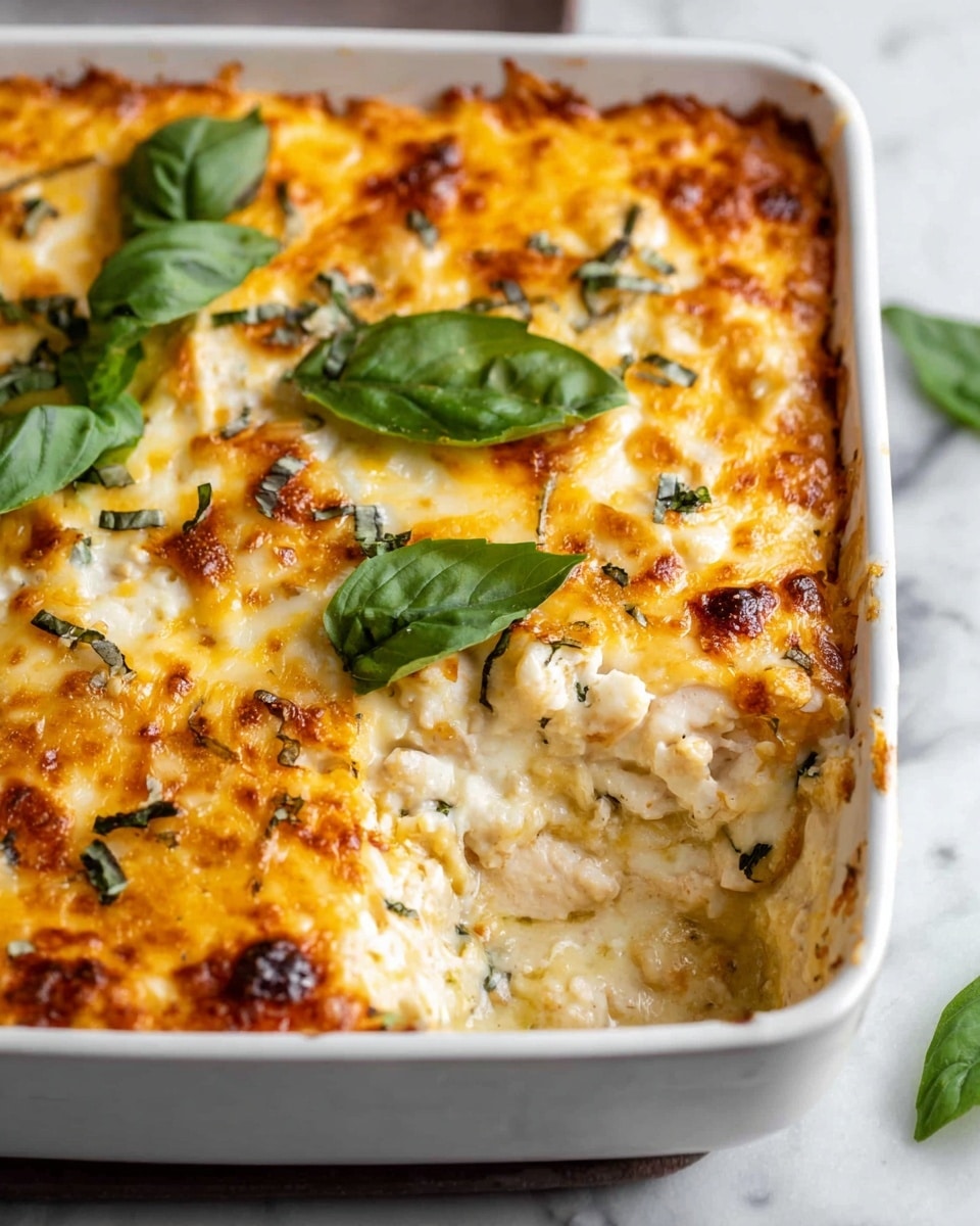A white rectangular dish filled with a baked cheesy casserole. The dish has at least three visible layers: a golden brown melted cheese top layer with some slightly crispy edges, a creamy middle layer with small chunks of white chicken or similar protein mixed in, and a base layer not clearly visible but supporting the structure. Fresh green basil leaves are scattered on top as garnish, adding a pop of color. The dish is set on a white marbled surface. Photo taken with an iphone --ar 4:5 --v 7