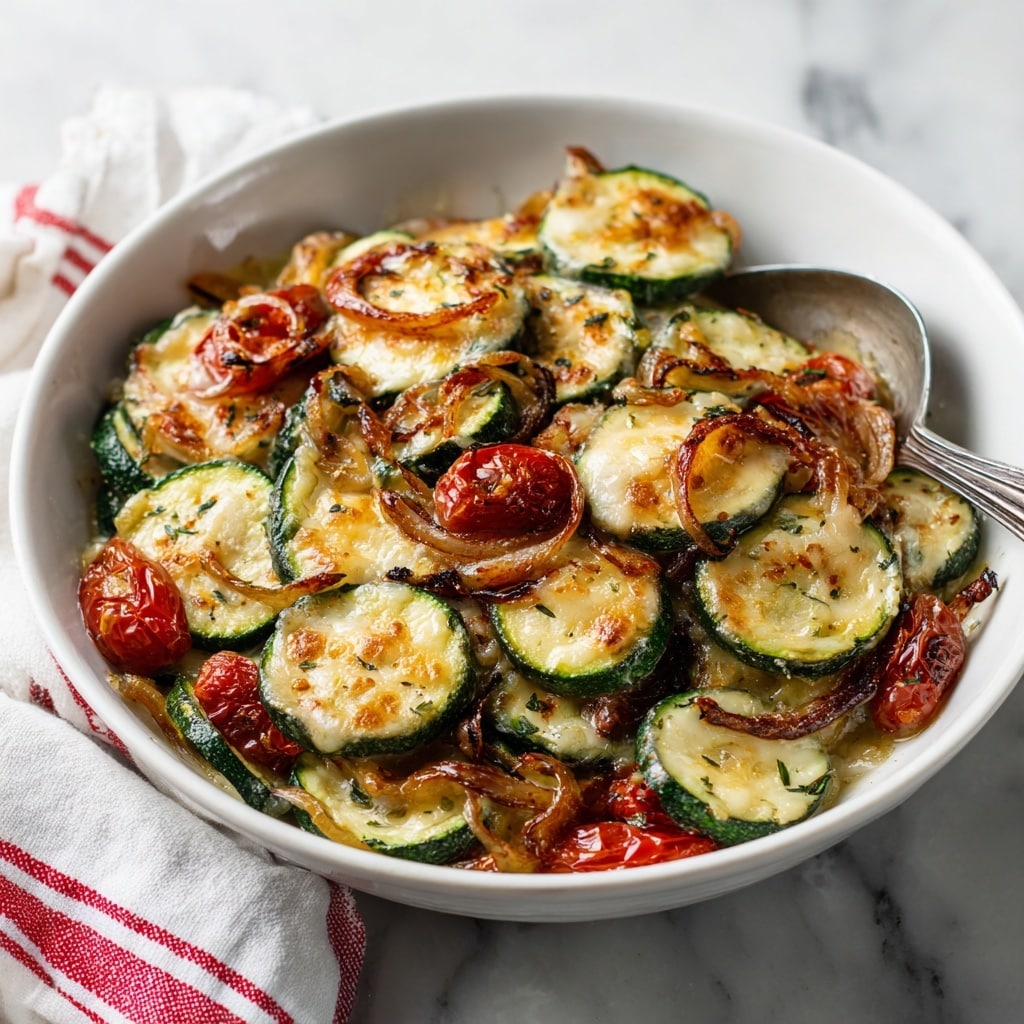 The dish is served in a white bowl filled with a mix of ingredients layered in a casual way. The bottom layer has cooked slices of green zucchini with bright red tomato pieces scattered throughout. On top, there are caramelized light brown onion rings and chunks of slightly melted cheese with a golden, crispy texture. The ingredients look soft and juicy with some sauce binding them together. A silver spoon rests inside the bowl on the right side. The background is a white marbled surface with a red and white striped cloth partially visible behind the bowl. photo taken with an iphone --ar 4:5 --v 7