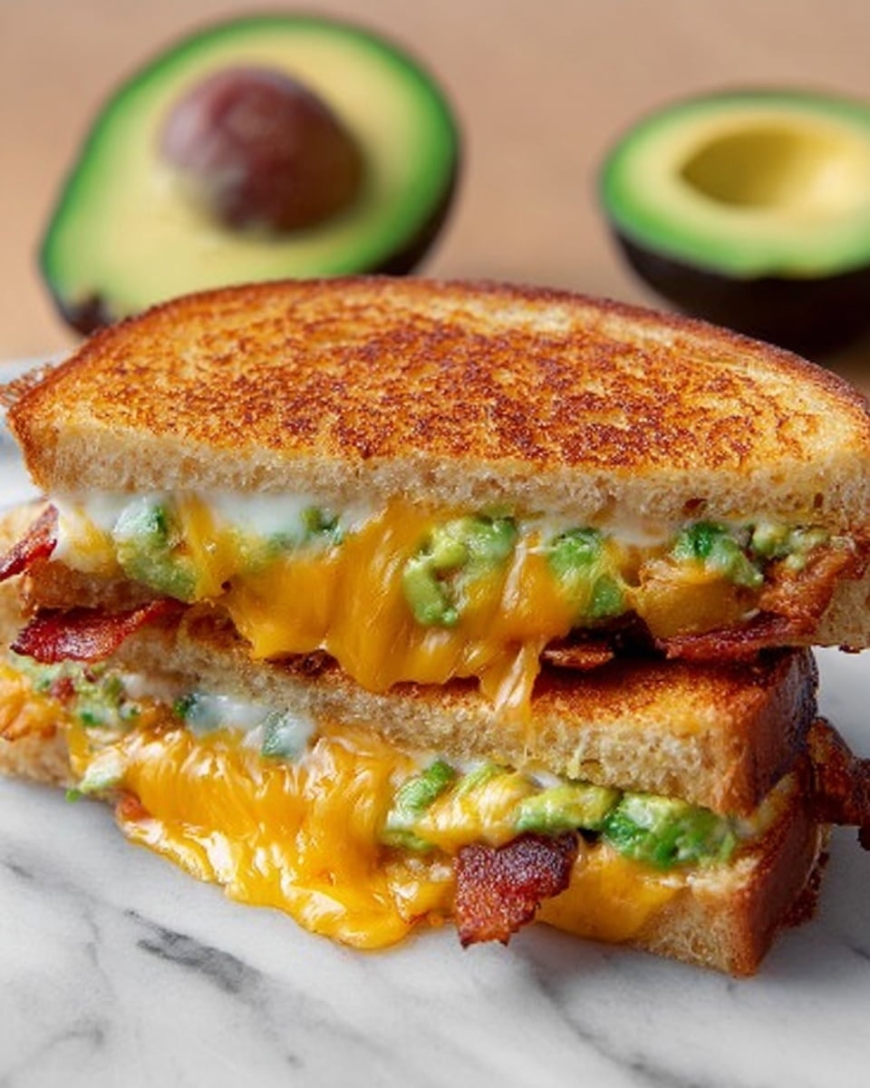A golden brown grilled cheese sandwich with a crispy toasted crust sits on a white marbled surface. The sandwich has multiple layers visible: the melted cheddar cheese oozes out from the sides with bright orange color, beneath which are green avocado chunks mixed with creamy white melted cheese, and a layer of cooked bacon that adds a reddish-brown hue. In the background, there are two halved avocados with dark green skin and light green flesh. Photo taken with an iphone --ar 4:5 --v 7