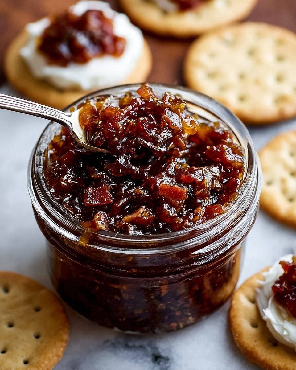 The image shows a small clear glass jar filled with thick, chunky bacon jam, which has a rich dark brown color with glossy texture and visible small bits of bacon and onion. Inside the jar, a metal spoon is dipped into the jam, slightly lifting some of the sticky mixture. Around the jar, there are white round crackers, two of which are topped with bacon jam, showing a deep red-brown spread, and one with a smooth white cream spread. All items are placed on a white marbled surface. photo taken with an iphone --ar 4:5 --v 7