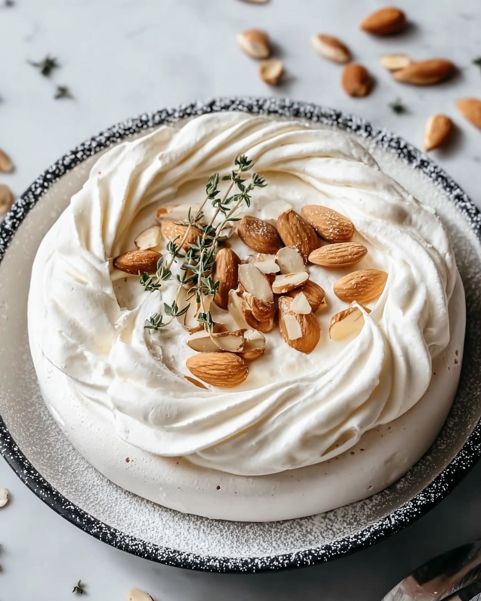 A round dessert with a thick bottom layer of white meringue topped by a smooth, creamy white layer of whipped cream shaped in soft swirls around the edges. The center is decorated with toasted whole almonds in light brown tones, and a small bunch of fresh green thyme sprigs lies on top. The dessert is on a white plate with black speckled rim, all placed on a white marbled surface. Light dusting of powdered sugar is scattered over the cream and plate edges, adding a soft textured look. Photo taken with an iphone --ar 4:5 --v 7