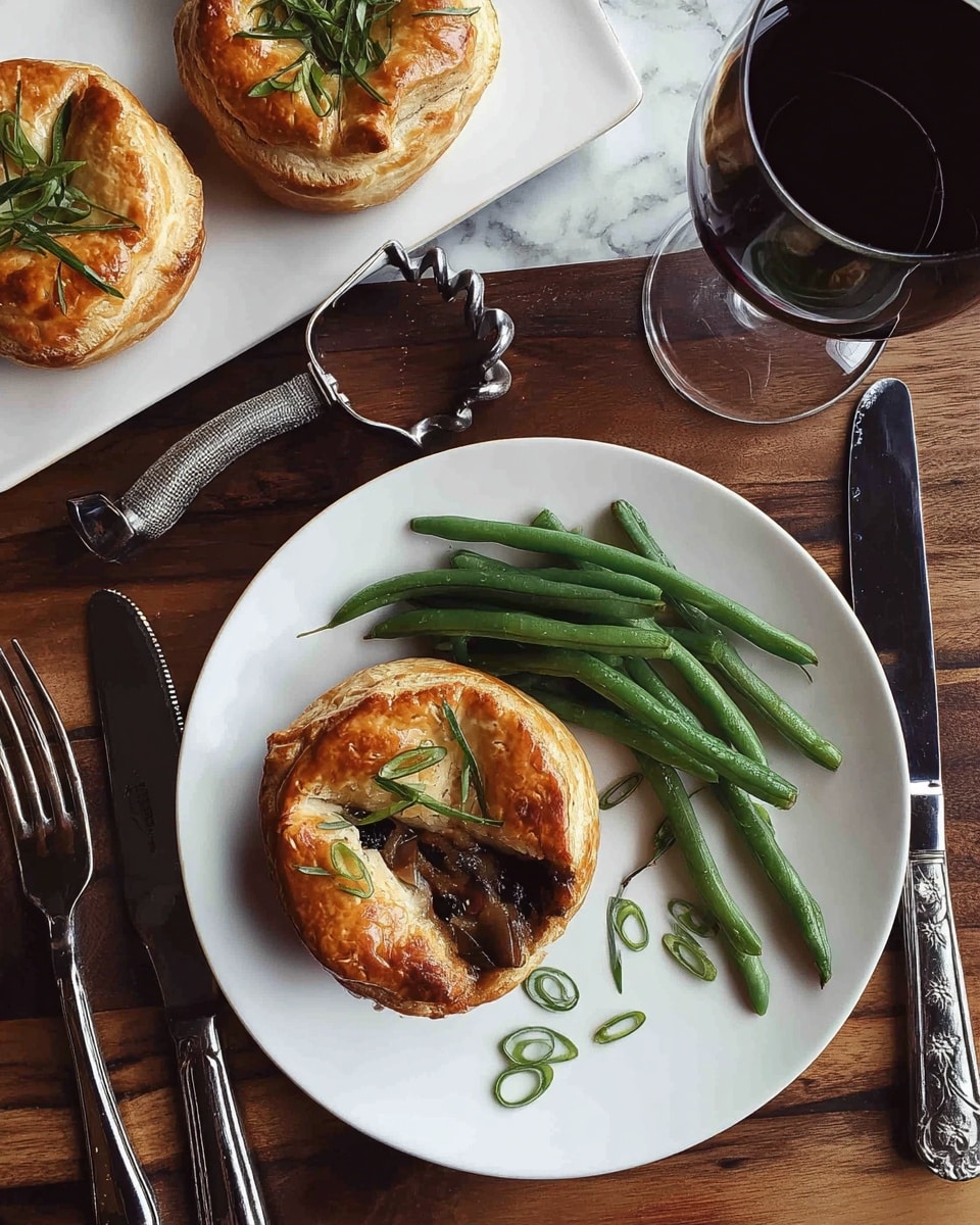 A white plate holds a round, golden-brown pastry with a split on top revealing a dark filling inside, garnished with thin green slices scattered over it. Next to the pastry is a small pile of fresh green beans. The plate rests on a dark wooden surface alongside a fork and serrated knife on the left, a silver and black corkscrew above the plate, and a clear glass of dark red wine to the right. In the upper left corner, a white tray displays two more pastries with similar golden crusts and green garnish. The background features a white marbled texture. Photo taken with an iphone --ar 4:5 --v 7