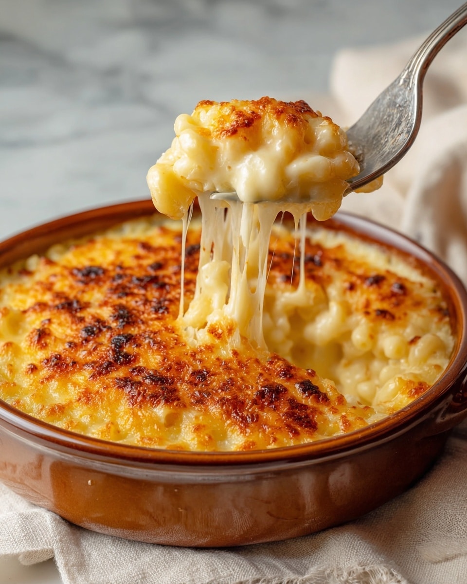 A close-up view of a round dish filled with creamy macaroni and cheese, layered with pasta coated in smooth, rich cheese sauce, topped with a golden-brown crispy cheese crust. A metal fork lifts a cheesy portion showing stretchy, melted cheese strands and curved pasta pieces. The dish sits on a white marbled surface with a textured white cloth beneath it, showing a thick, gooey inside under the crunchy cheese top. Photo taken with an iphone --ar 4:5 --v 7