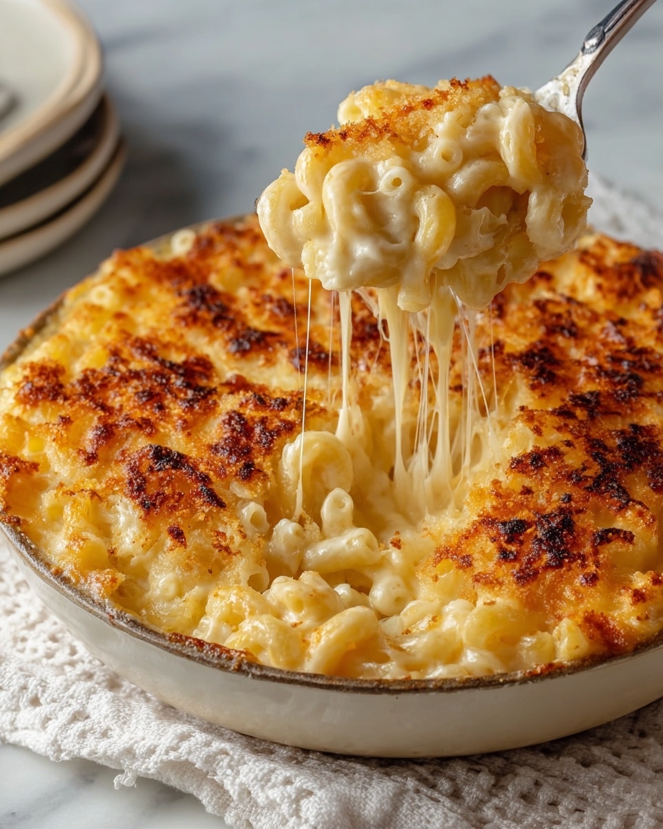 The dish is a creamy baked macaroni and cheese served in a round brown casserole dish placed on a white marbled textured surface with a light beige cloth underneath. It has two visible layers: the bottom layer consists of cooked elbow macaroni covered in a smooth, pale yellow cheese sauce, and the top layer is a golden brown crispy cheese crust with some darker browned spots, indicating a baked finish. A silver fork is lifting a gooey portion of the macaroni, showing melted cheese strings stretching between the fork and the dish, highlighting the creamy and cheesy texture of the pasta underneath the crust. Photo taken with an iphone --ar 4:5 --v 7