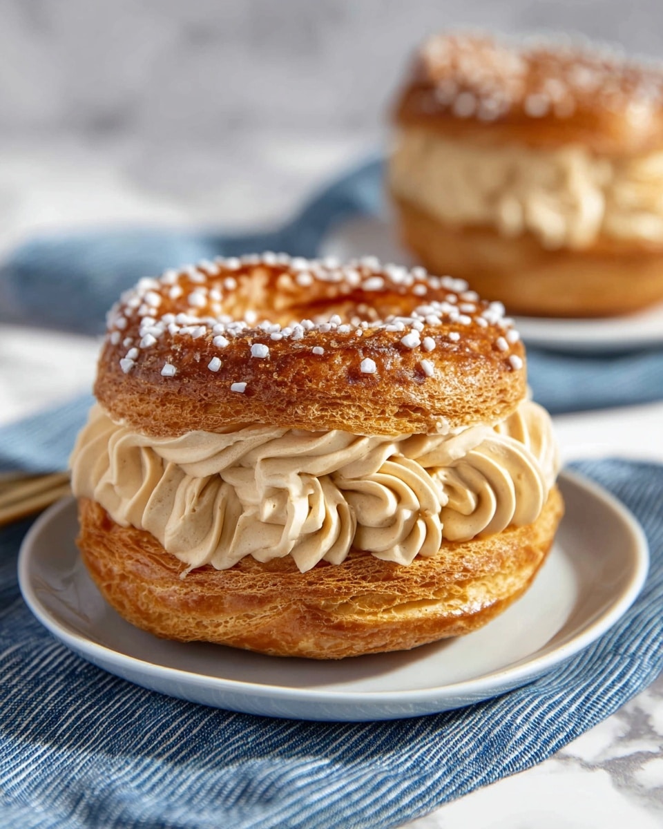 A round pastry with two layers of golden brown, crispy choux dough sprinkled with coarse white sugar crystals on top, filled generously in the middle with soft, thick, light brown cream piped in ruffled swirls. The pastry sits on a white plate placed on a blue and white striped cloth over a wooden surface, all set against a white marbled background. In the background, there is another similar round pastry on a white plate and a small cream puff on another white plate. photo taken with an iphone --ar 4:5 --v 7