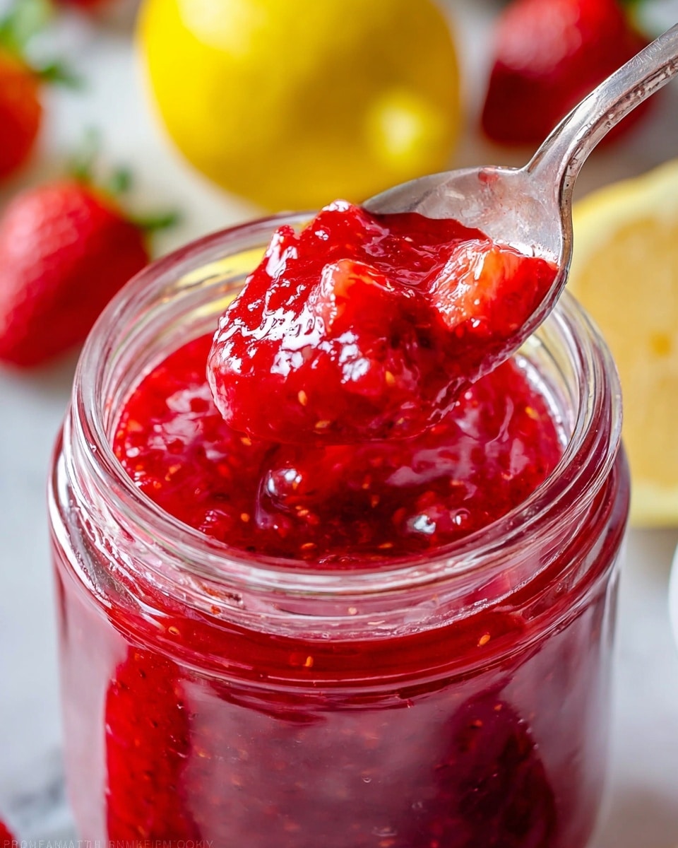 Two slices of crusty bread sit on a white plate with a textured rim, placed on a white marbled surface. The top slice is spread with bright red strawberry jam that looks slightly chunky and glossy, covering the middle part of the bread. A knife with a wooden handle rests diagonally on the jammed slice, its blade shiny and flat. Around the plate, fresh strawberries and two lemon slices add vibrant red and yellow colors to the scene. The lighting is soft, highlighting the textures of the bread crust and jam. photo taken with an iphone --ar 4:5 --v 7
