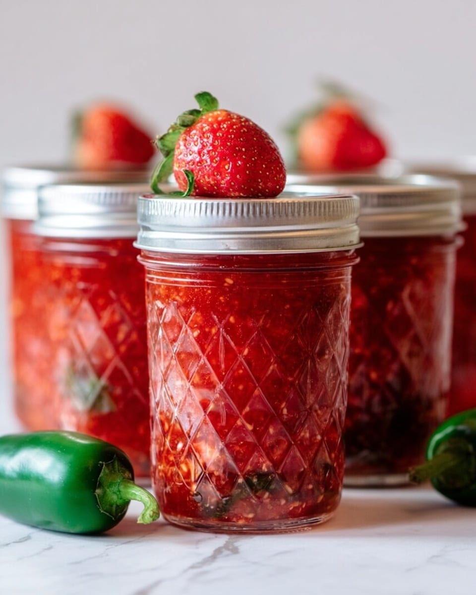 The image shows four glass jars filled with red jam that has small pieces of fruit inside, with the closest jar in sharp focus. The jars have silver lids and intricate diamond-shaped patterns on the glass. On top of the front jar's lid is a bright red strawberry and a green jalapeño pepper resting beside it. The jars are placed on a white marbled surface with a soft white background. photo taken with an iphone --ar 4:5 --v 7