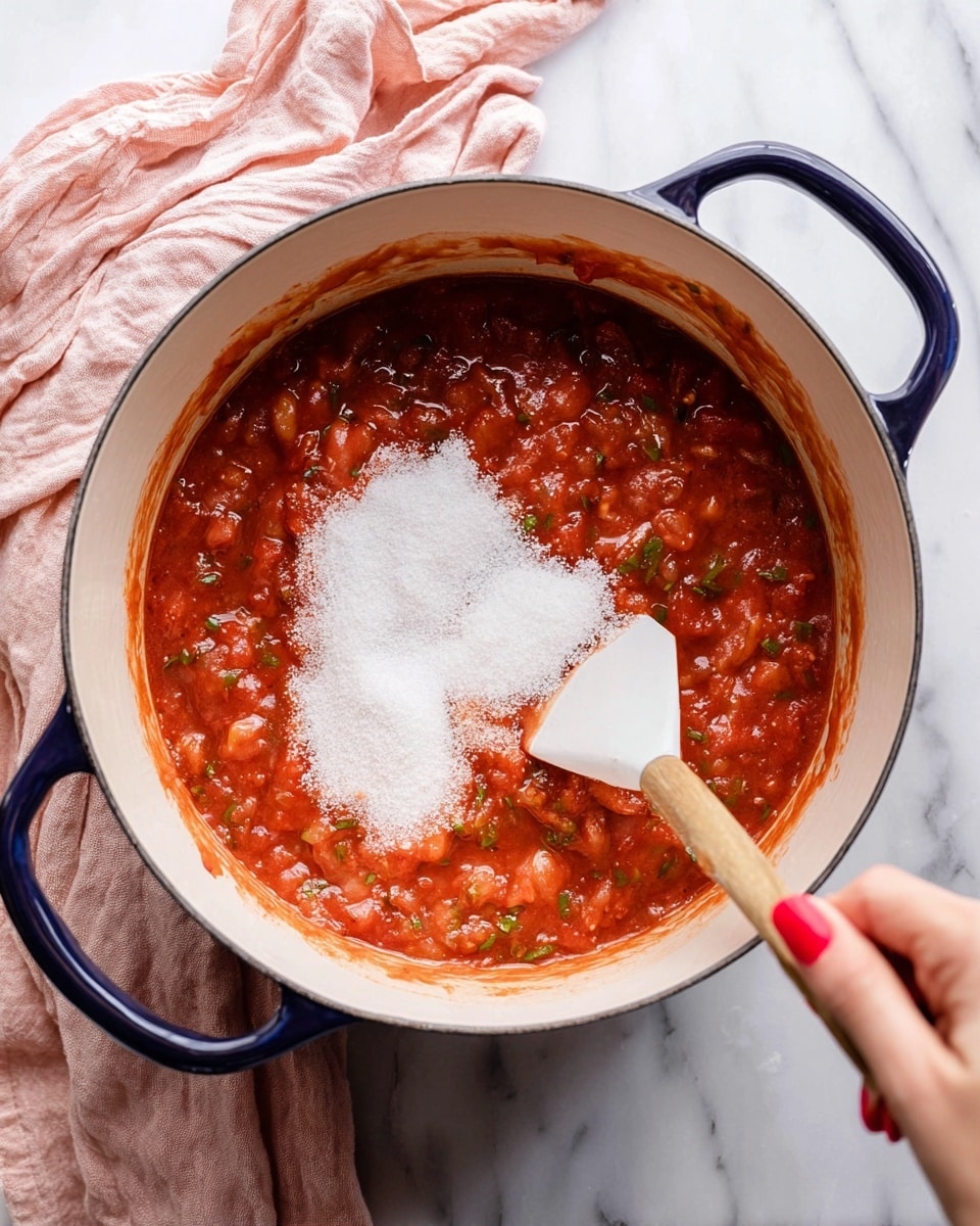 A deep white pot with dark blue handles holds a thick, chunky red sauce with bits of green herbs mixed in. On top of the sauce, there is a large layer of white granulated sugar being stirred with a white spatula held by a woman's hand with red nail polish. The pot sits on a white marbled surface next to a soft pink cloth. Photo taken with an iphone --ar 4:5 --v 7
