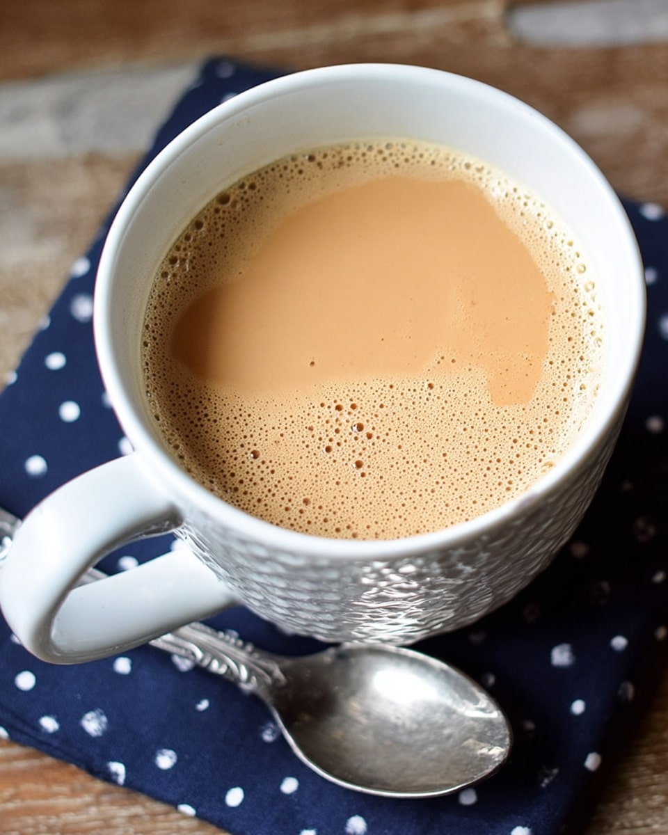 A white textured mug filled with light brown cinnamon milk tea sits on a dark blue cloth with white polka dots, placed on a wooden surface. Next to the mug, there is a small stack of three chocolate sandwich cookies, each with detailed patterned tops. In the foreground, a shiny silver spoon lies on the same wooden surface. The whole scene is arranged neatly and looks warm and inviting. Photo taken with an iphone --ar 4:5 --v 7