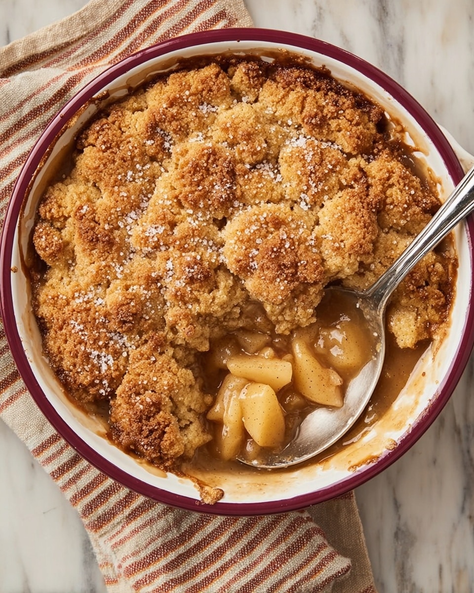 The image shows a white plate with a serving of apple crumble topped with a big scoop of creamy vanilla ice cream. The apple crumble has two layers visible: the bottom layer is soft, cooked, translucent apple chunks in syrupy juice, while the top layer has a golden-brown, crumbly, and slightly crunchy texture with visible sugar crystals. The ice cream on top is smooth and light cream-colored, slightly melting around the edges onto the crumble. In the background, a deep red bowl filled with more apple crumble sits on a striped cloth on a white marbled surface, along with a grey napkin holding silver spoons. Photo taken with an iphone --ar 4:5 --v 7