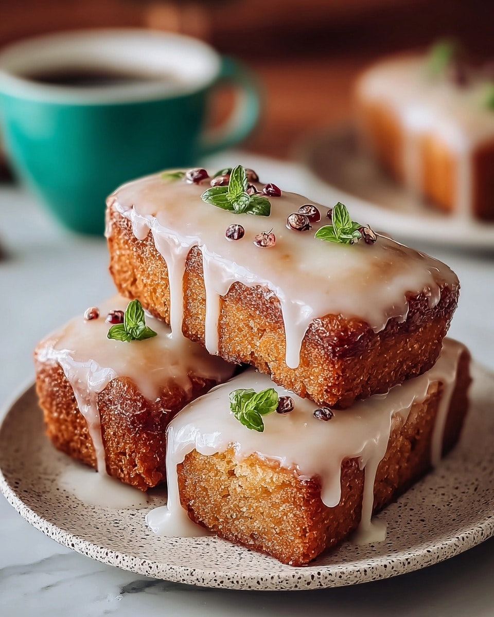 Three golden-brown rectangular cakes are stacked on a speckled white plate placed on a white marbled surface. Each cake has a thick, smooth white glaze dripping over the sides, with a slightly shiny texture. Small green herb leaves and tiny dark red berries decorate the top of the glaze, adding color contrast. In the blurry background, there is a teal cup filled with coffee and part of another plate with a similar cake. The lighting highlights the moist, textured surface of the cakes and the creamy glaze. Photo taken with an iphone --ar 4:5 --v 7