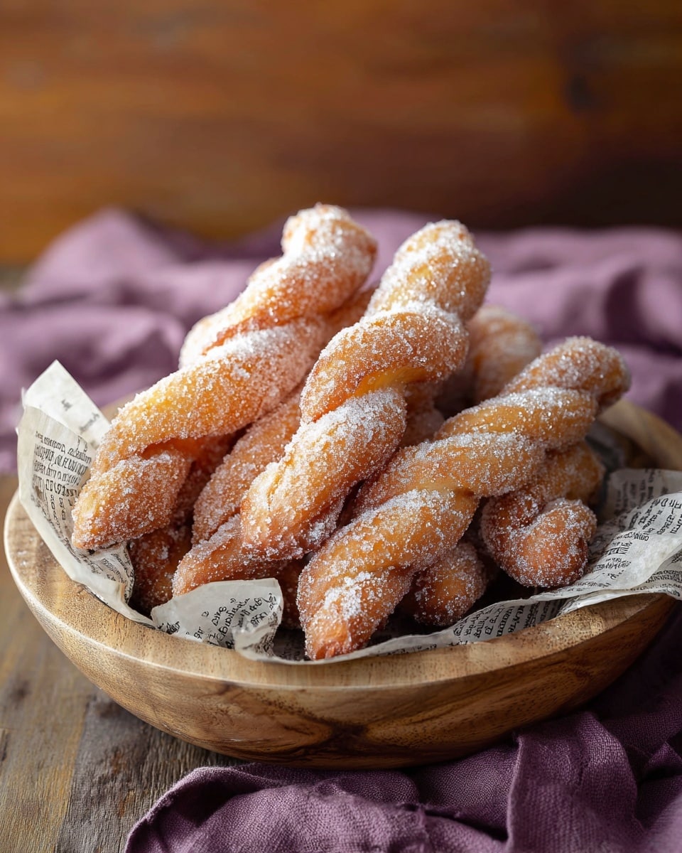 A round wooden bowl contains several twisted fried dough sticks covered in fine white sugar, arranged in a loose pile. The dough sticks are golden brown with a rough texture from the sugar coating. Inside the bowl, there is crumpled newspaper-like paper lining the bottom and sides, adding a casual, rustic look. The bowl sits on a wooden surface with a soft purple cloth partially visible behind it. The background is softly blurred with warm brown tones. photo taken with an iphone --ar 4:5 --v 7