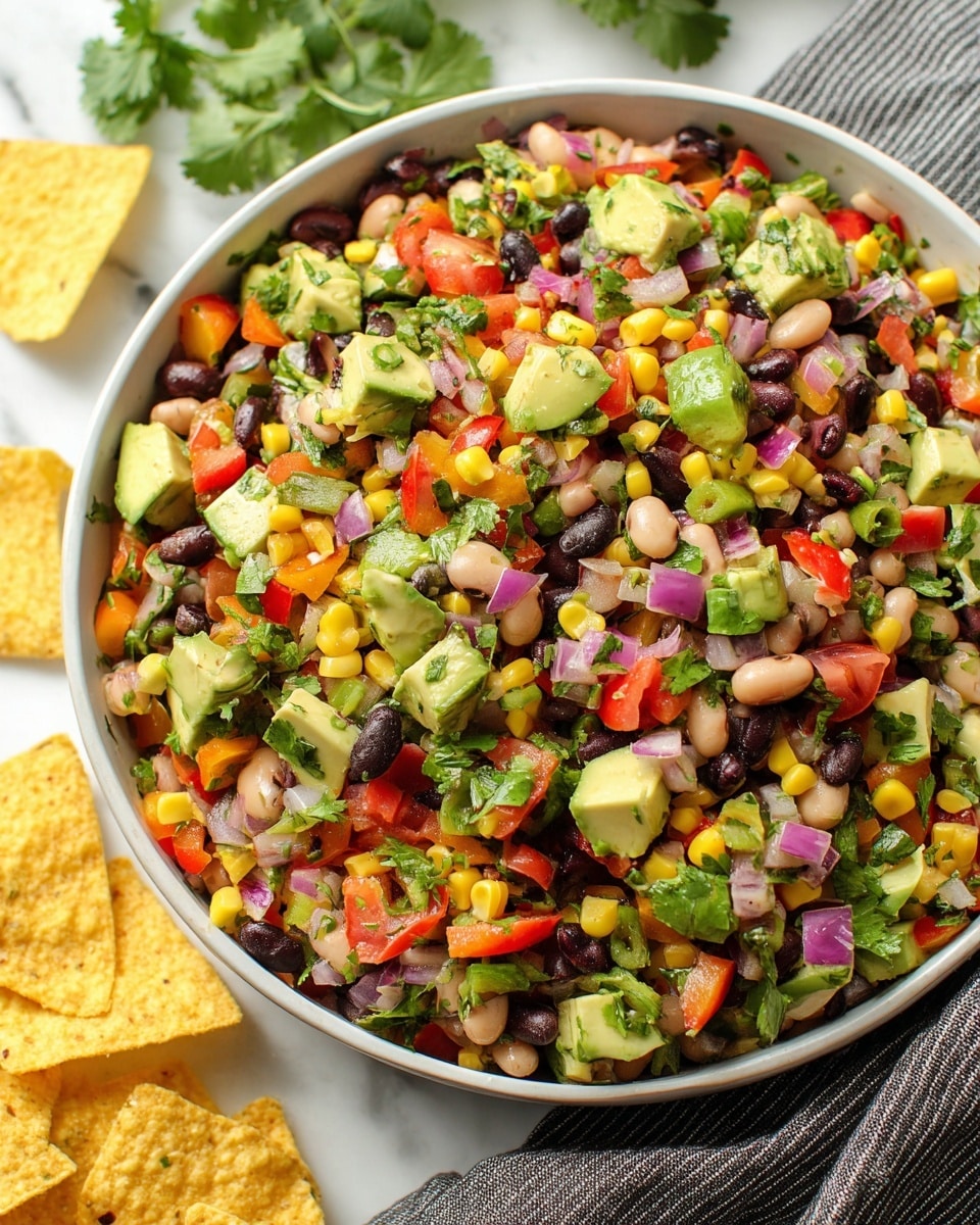 A close-up image shows a large dark bowl filled with colorful bean salad on a white marbled surface. The salad has many layers including black beans, white beans, yellow corn, red bell peppers, chopped green avocado, small pieces of onion, and fresh chopped green herbs, all mixed together with a chunky texture. A woman's hand is holding a yellow corn chip loaded with a scoop of this colorful salad above the bowl. In the background, there are some green herb leaves visible on the white marbled surface, and near the bowl there is a copper spoon laying on a striped cloth. Photo taken with an iphone --ar 4:5 --v 7