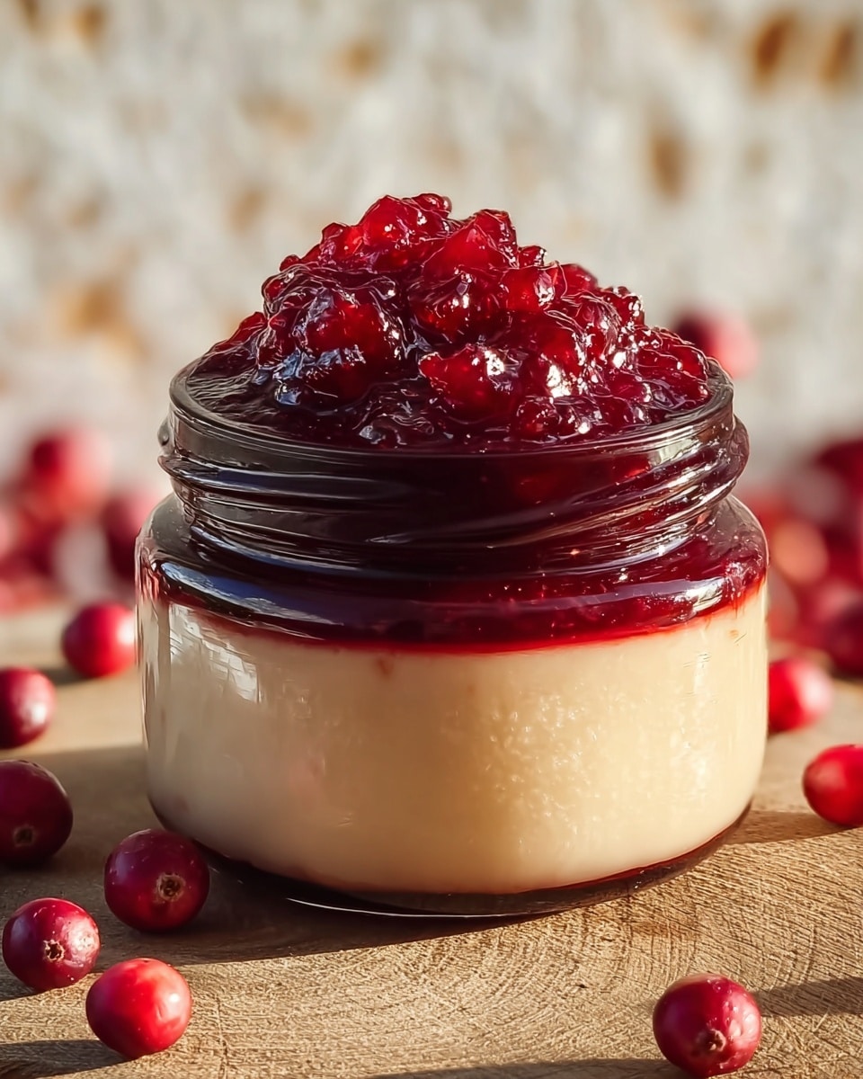 The image shows a small clear glass jar filled with a thick, deep red sauce that looks slightly chunky with visible bits of fruit or vegetable. The sauce is piled high, forming a soft peak at the top, and it is garnished with two small, fresh green leaves placed near the peak. The jar is set on a white marbled surface, and the overall image has bright, natural lighting that highlights the rich color and texture of the sauce. photo taken with an iphone --ar 4:5 --v 7